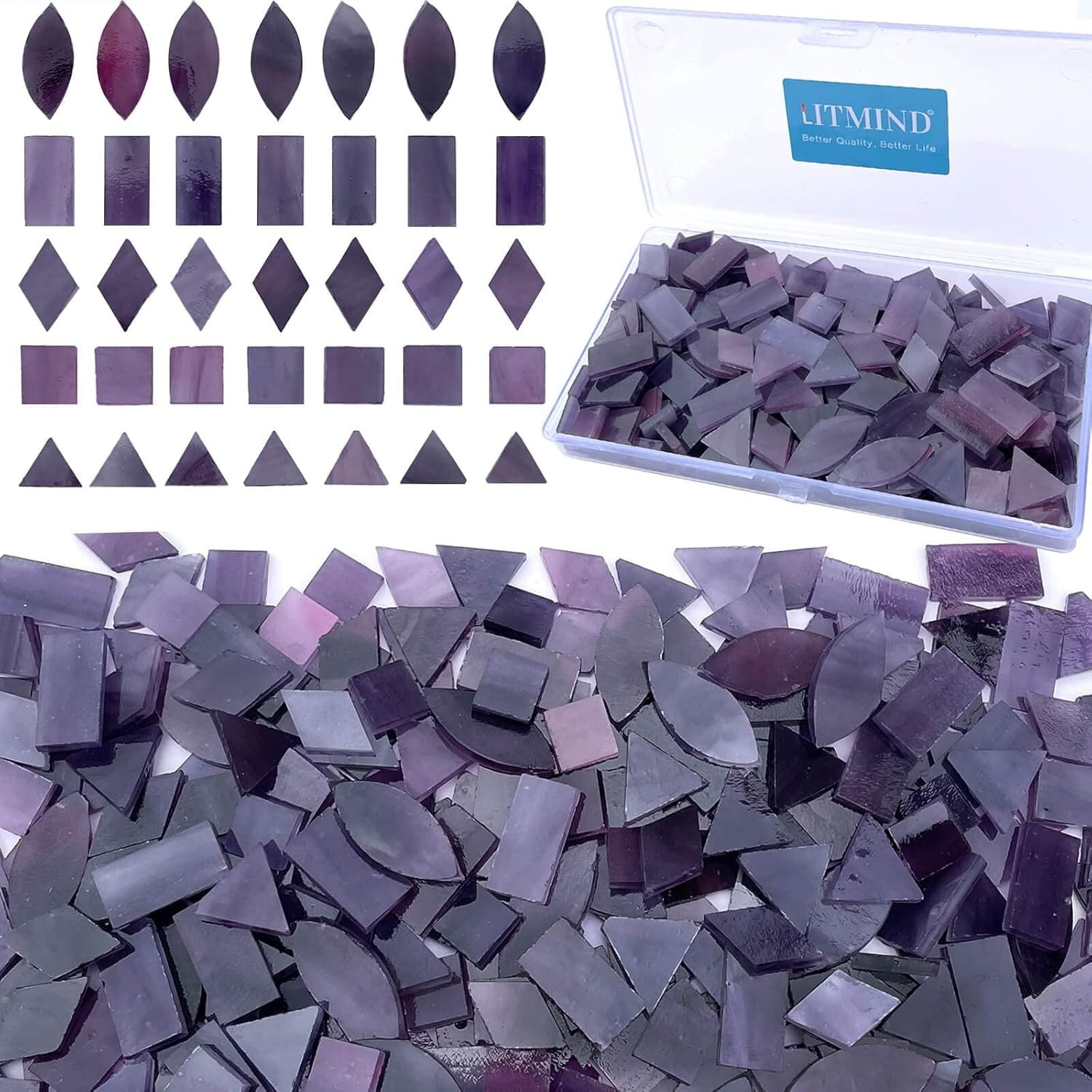 Purple Stained Glass Mosaic Tiles Kit for Crafts – 240 Pieces, 5 Shapes DIY Art