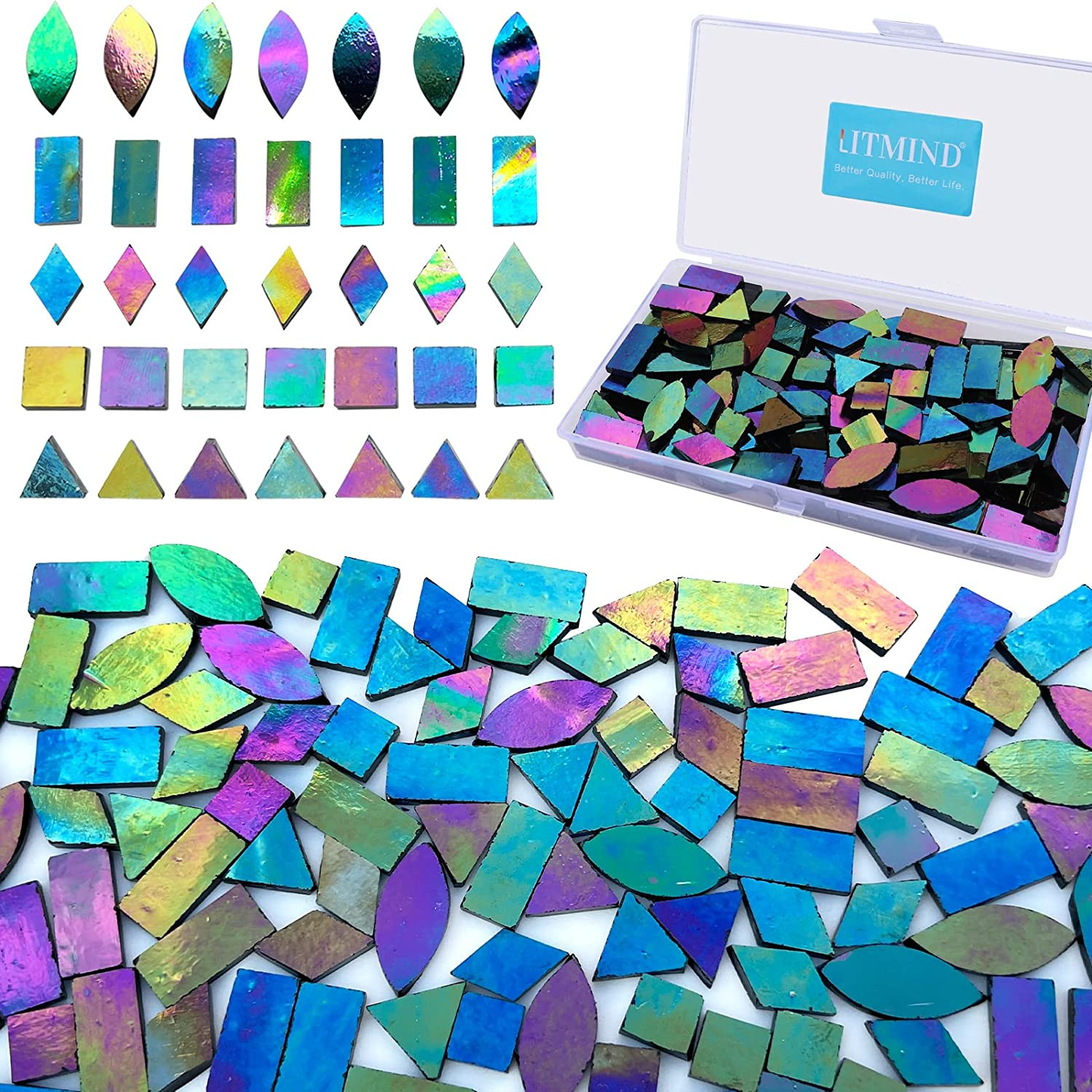 Iridescent Glass Mosaic Tiles for Crafts 240 Pieces 5 Shapes Mixed Stained Glas