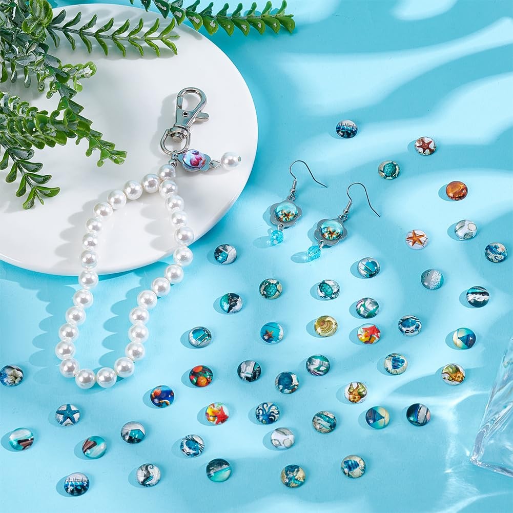 100pcs 10mm Ocean Theme Glass Cabochons, 50 Styles Starfish Shell Printed Gla…