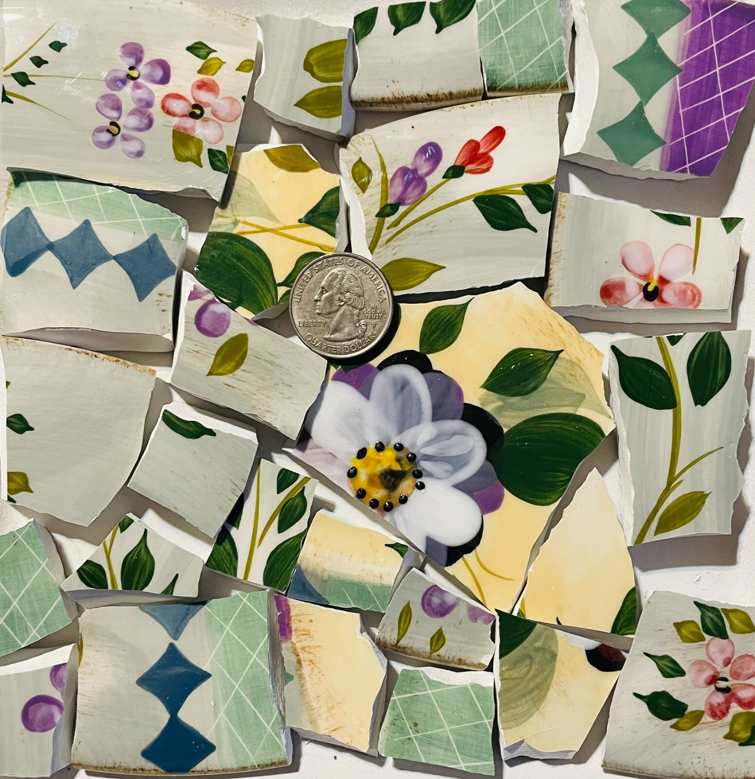 Broken China Mosaic Tile Arts and Craft Supplies – Green Floral Tiles F131