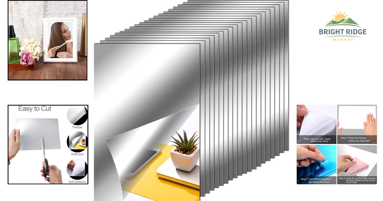 Lightweight and Thin Plastic Mirror Tiles for Easy Wall Application, Set of 20