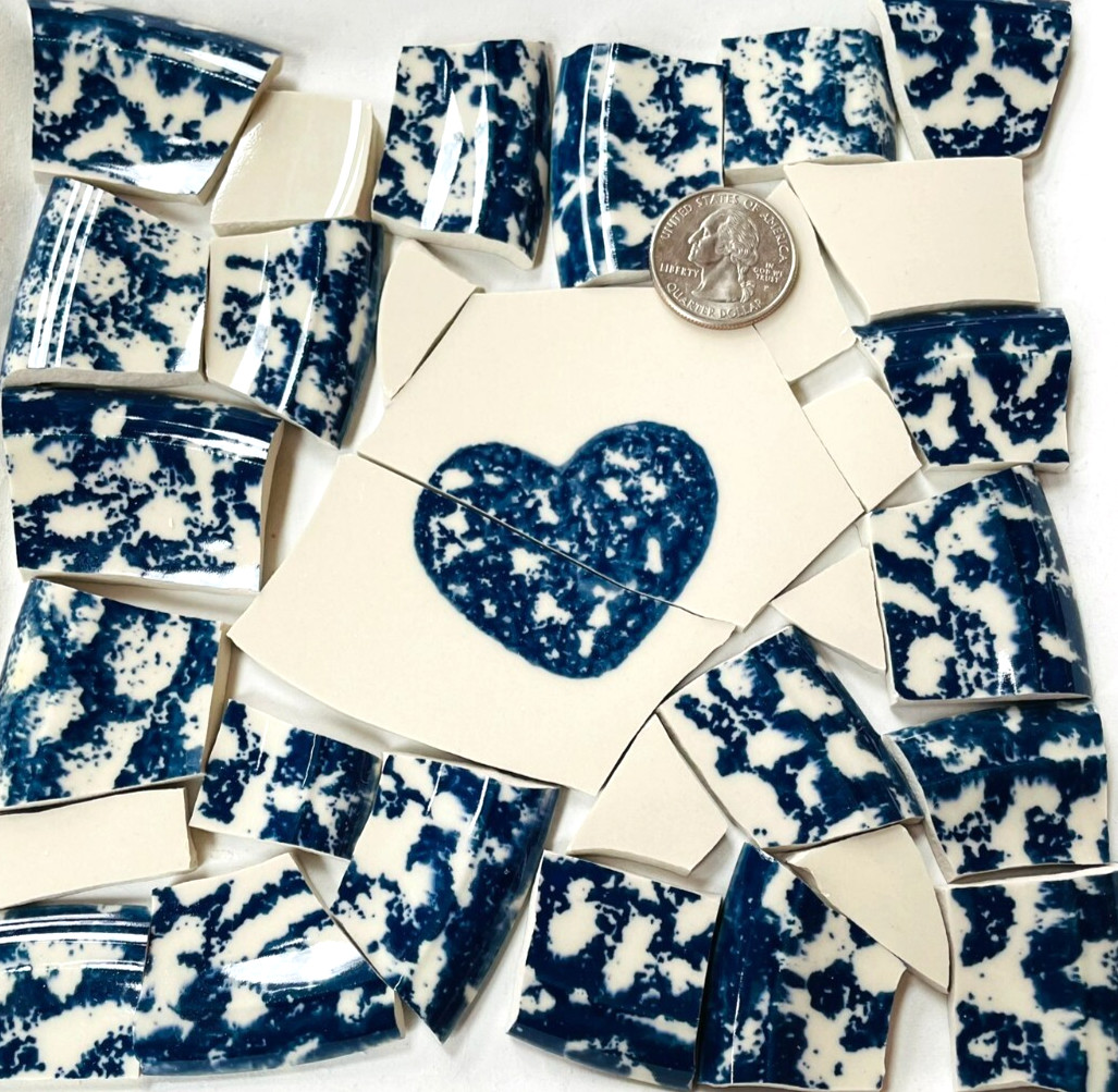 Broken China Mosaic Tile Arts and Craft Supplies – Blue White Heart Tile E805