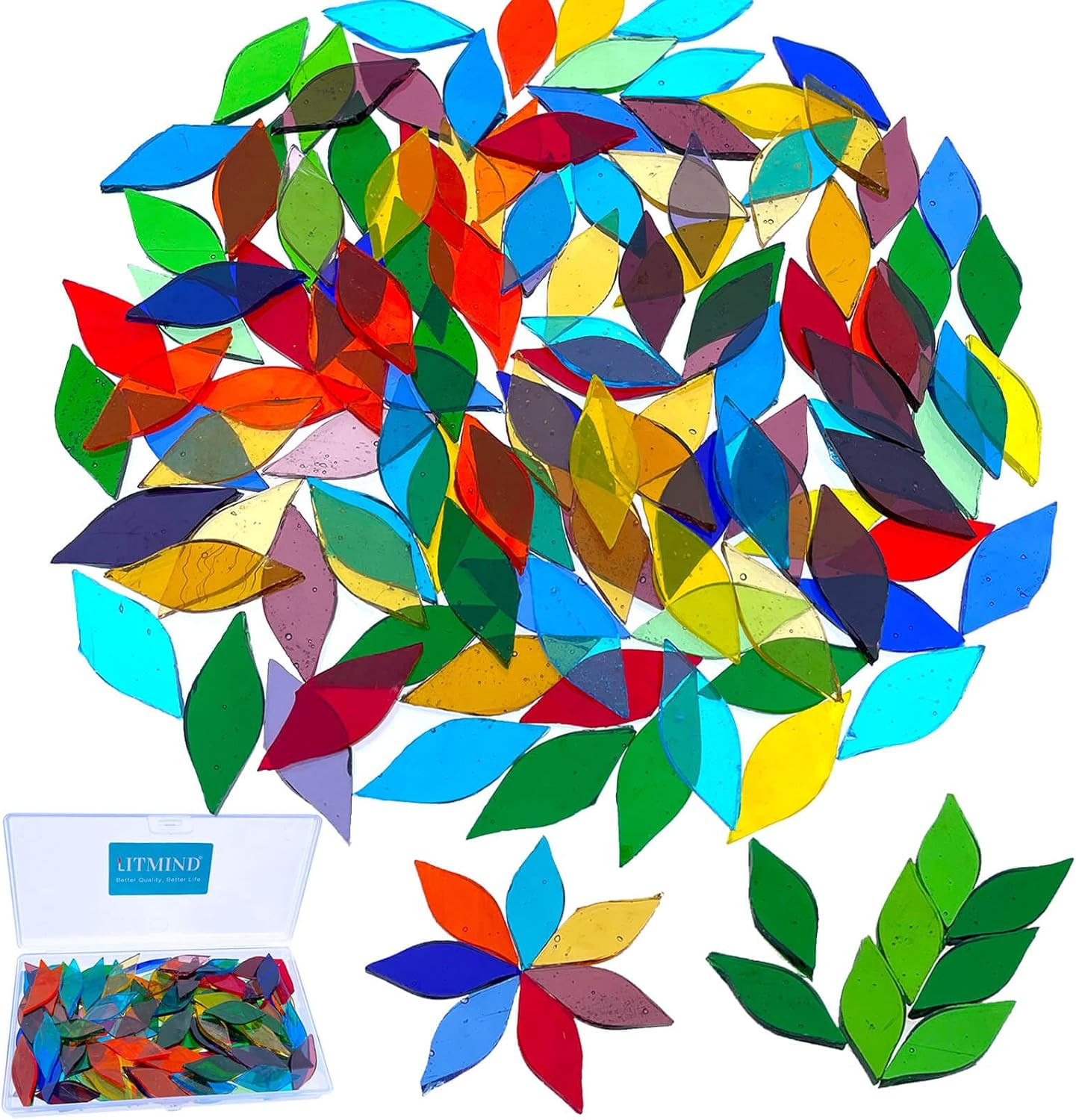 120 Pieces Assorted Colors Transparent Mosaic Glass Petals & Leaves, Hand-Cut St