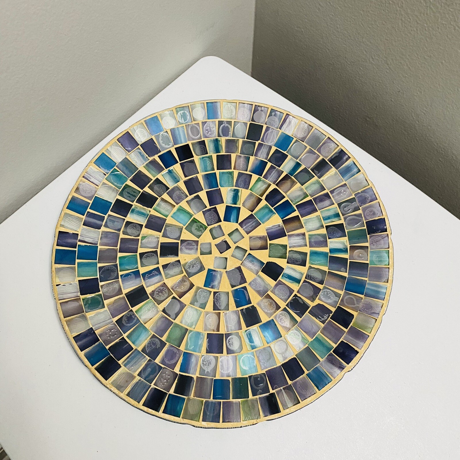 Glass Mosaic Plate Platter Contemporary Design Art Deco Tiles Handmade 12 1/2″