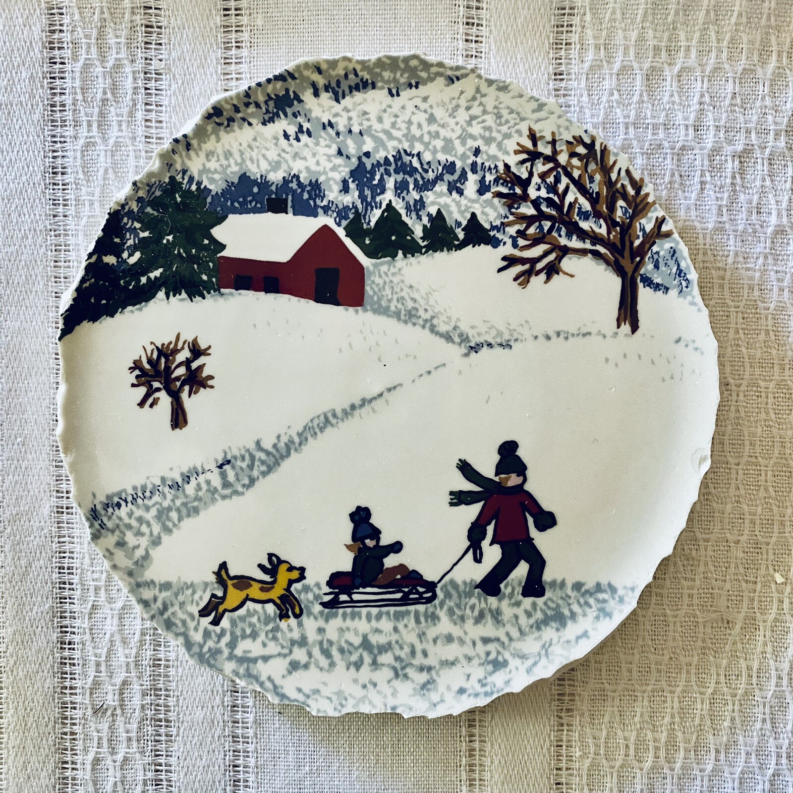 Broken China Plate Mosaic Tiles FOCAL~ (4”)~WINTER~COUNTRY~BARN~KIDS~SLED ~DOG