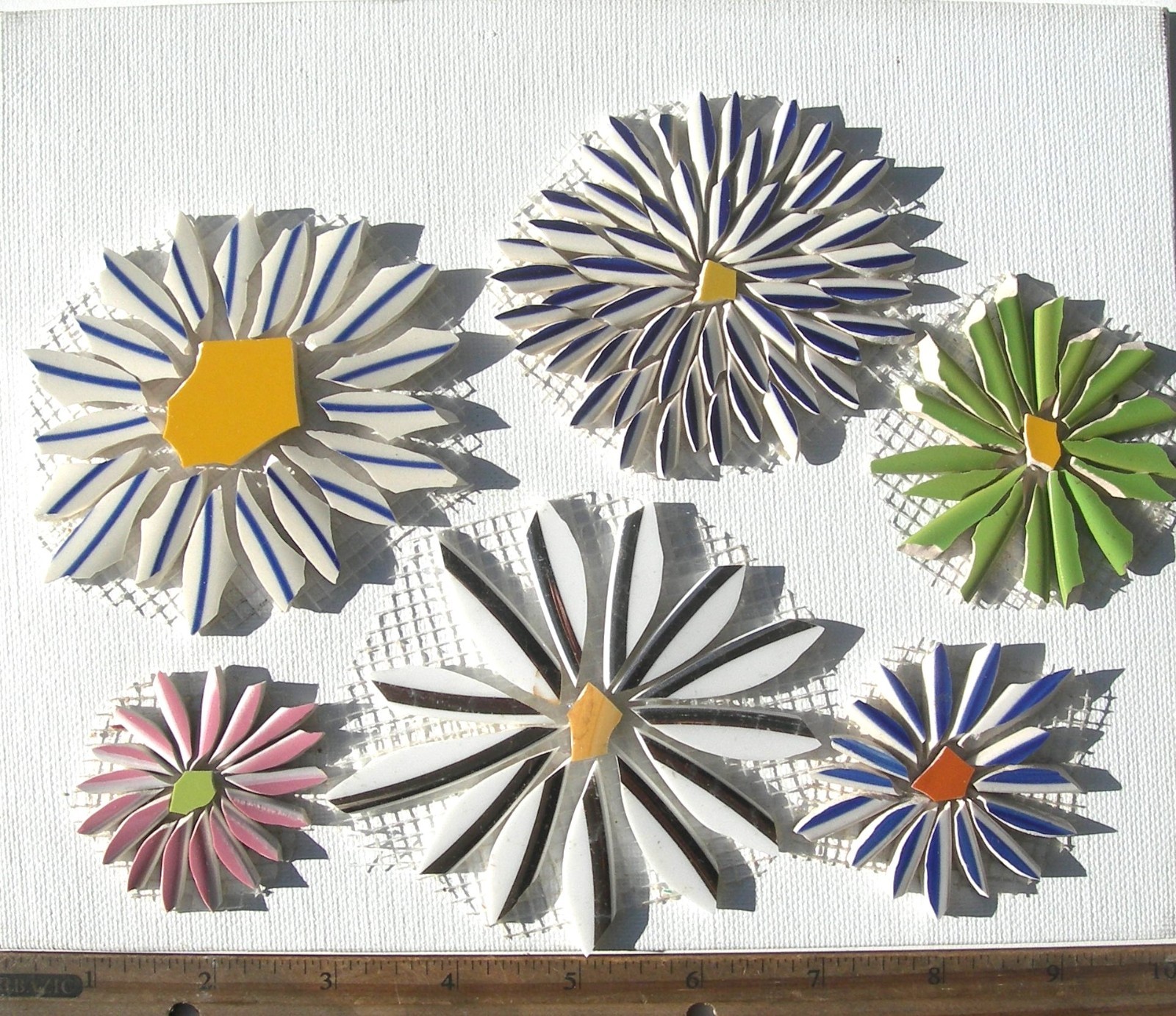 Orange Floral Mosaic Tiles, 6 Multicolor Daisy Broken China Mosaic Tile Arts