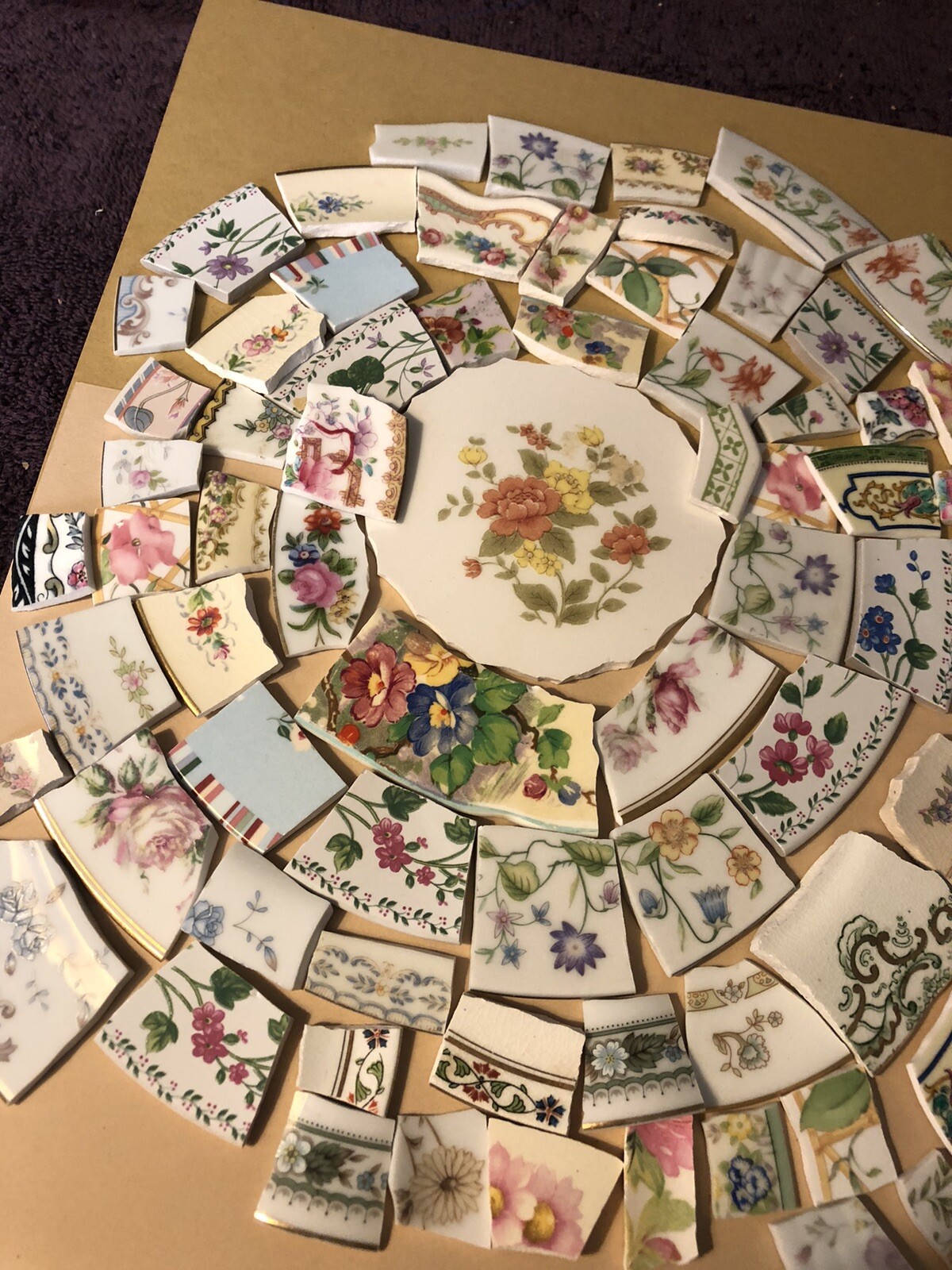 Vintage, antique floral mixture of mosaic tiles, Roses, daisies, perennals