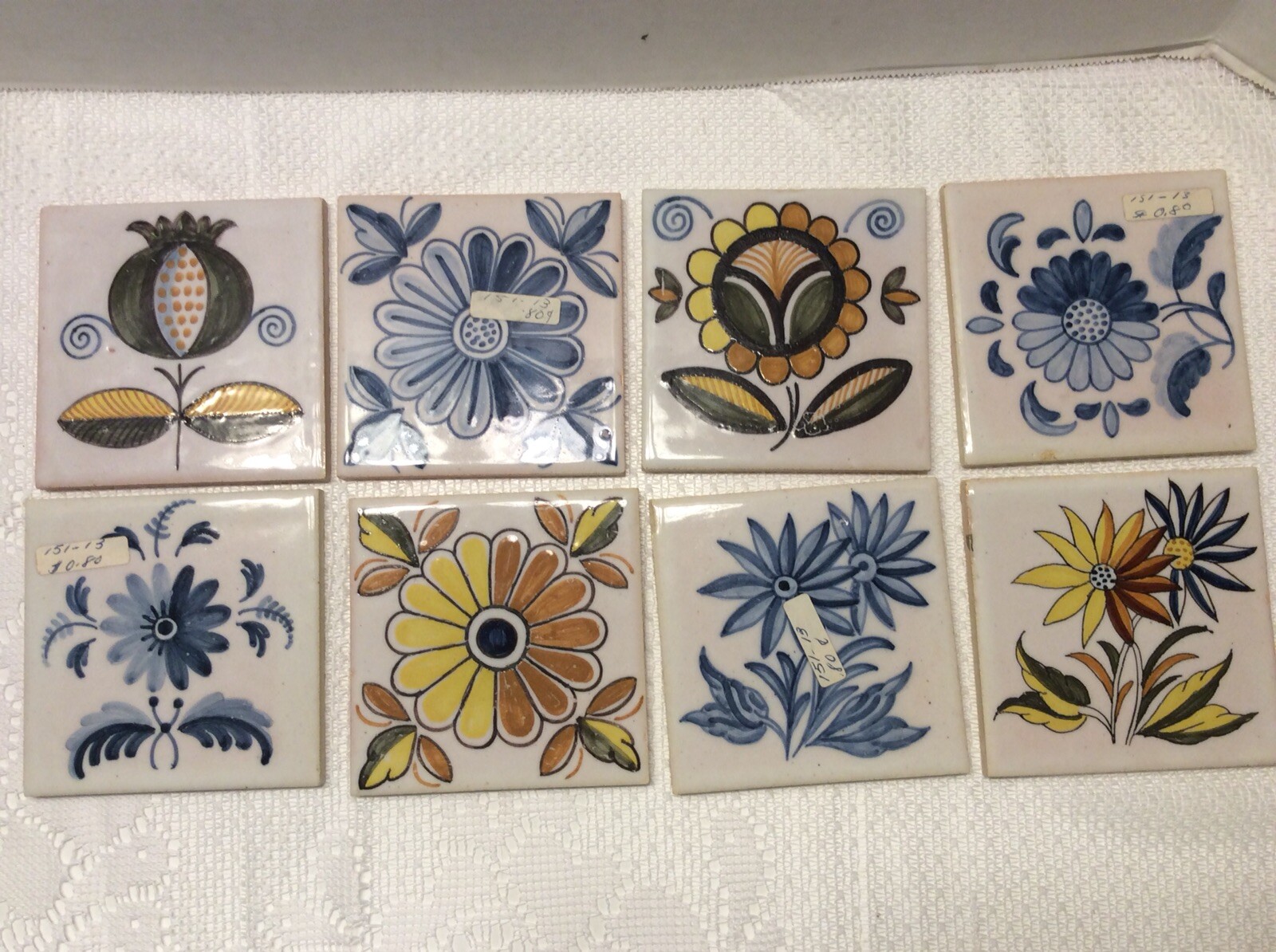 Lot Of 8 El Molino Onda Tiles Made In Spain 8 Different Designs Of Blues & Golds