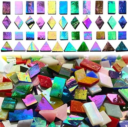 510 Pieces Iridescent Glass Mosaic Tiles for Crafts, Mixed 4 Shapes Colorful Sta