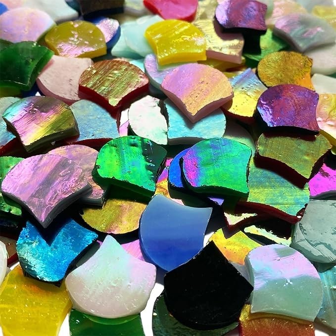 Magic Iridescent Fan Shaped Glass Mosaic Tiles for Crafts 170 Pieces, Stained Gl