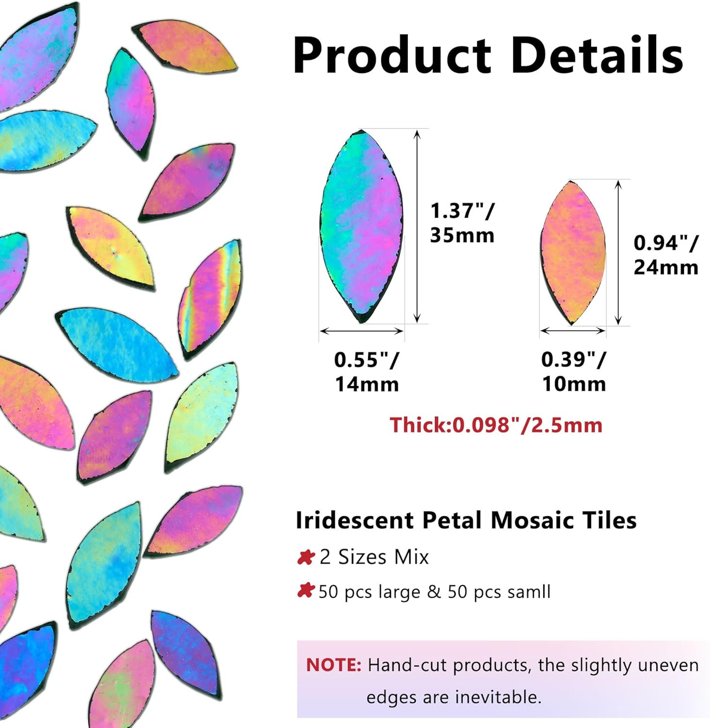 100 Pieces Iridescent Glass Petal Mosaic Tiles, Hand-Cut Green Stained Glass Flo
