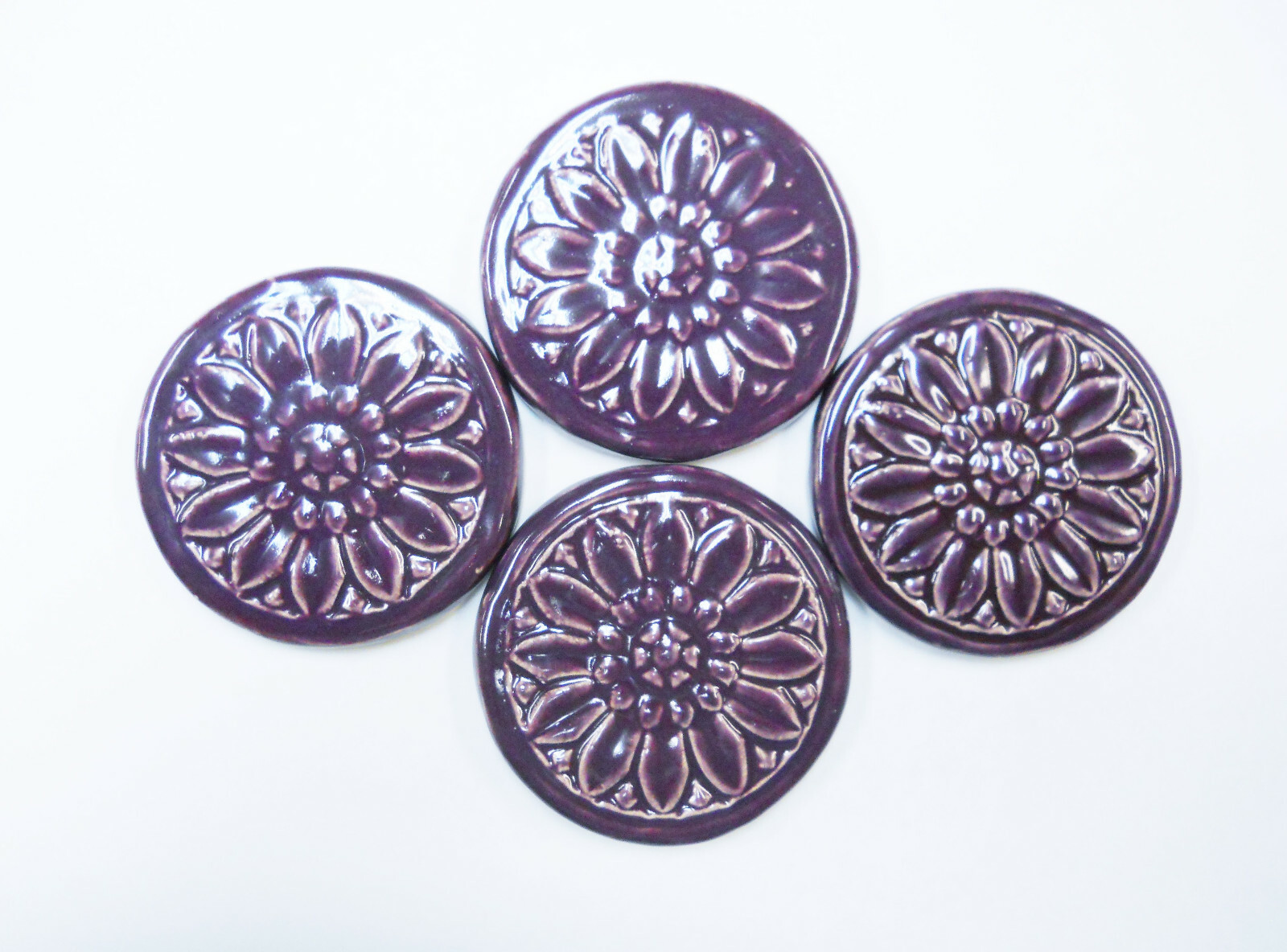 FLORAL MEDALLION TILES Handmade Ceramic Mosaic / Craft Tiles Purple 3″ Set of 4