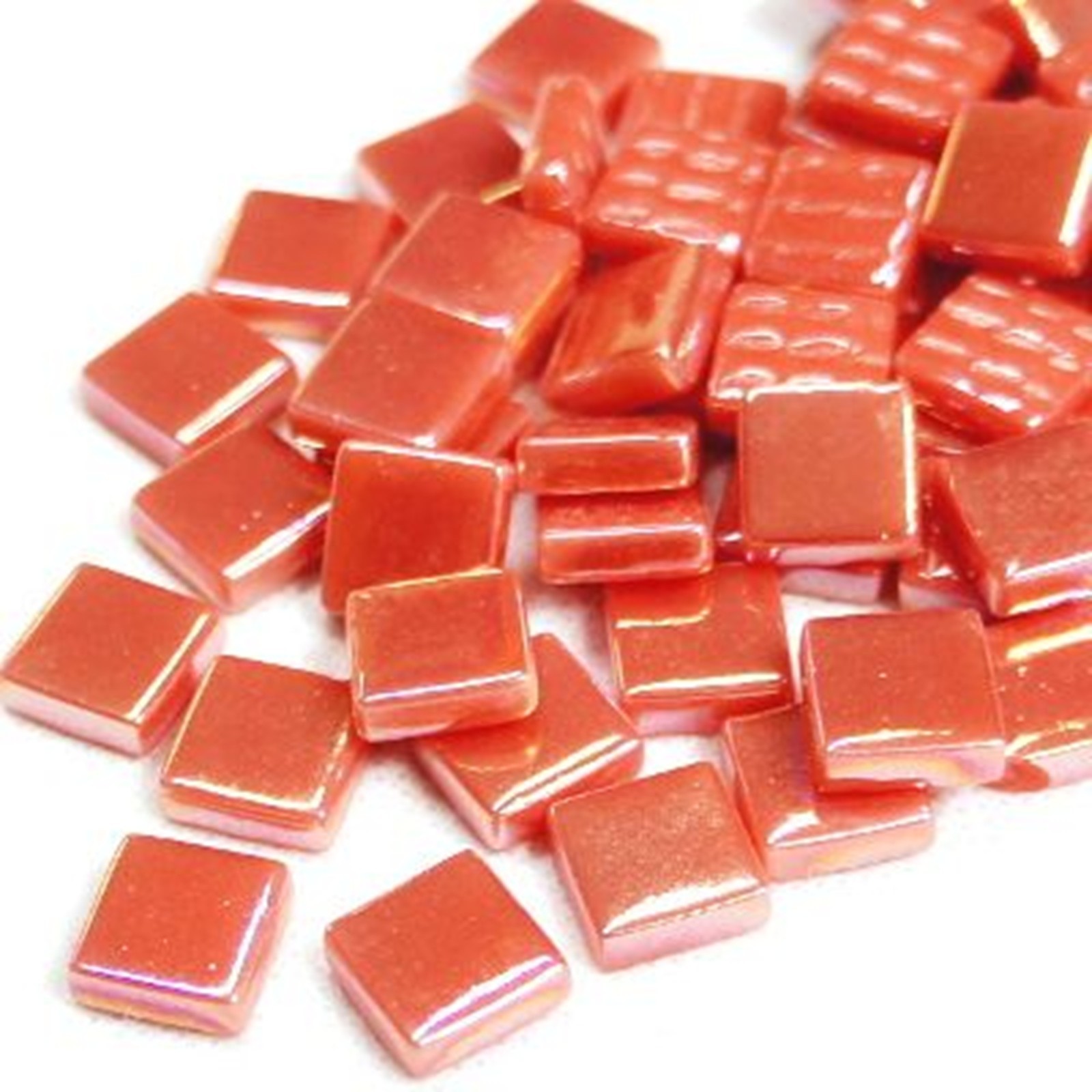 50 Tiles – 12 mm Iridescent Watermelon Red Glass Square Mosaic Tile Pieces
