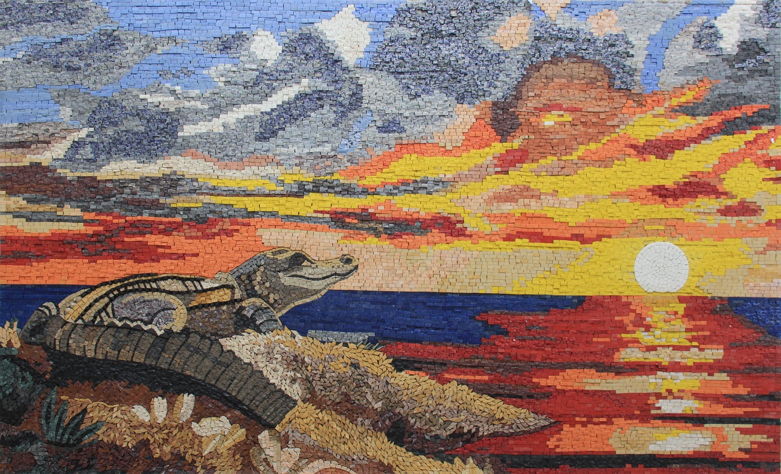Handmade Alligator Mosaic Wall Art Ocean Sunset Marble Tile Coastal Decor