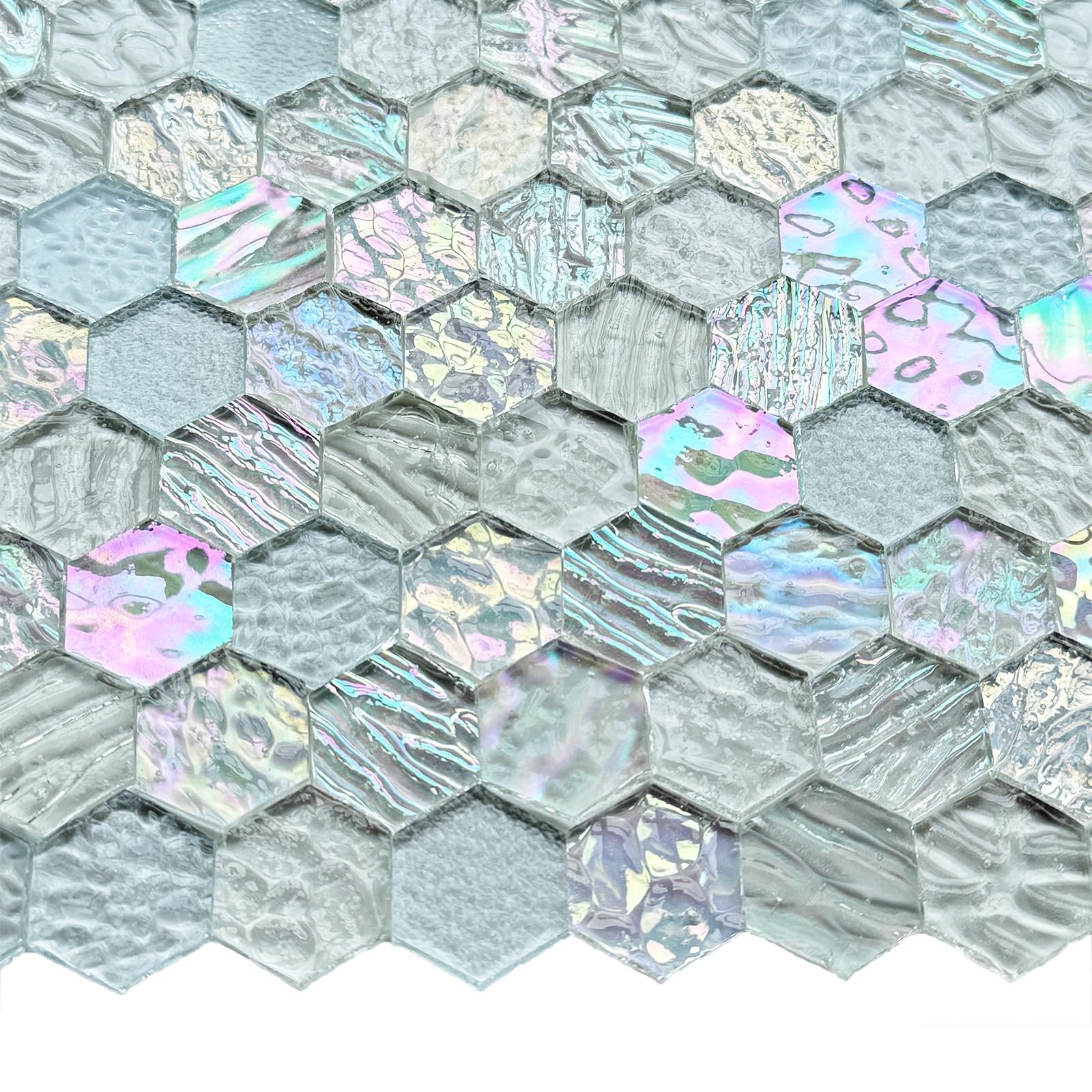 “100 Pieces Hexagon Glass Mosaic Tiles for Crafts, Clear Iridescent Stained “