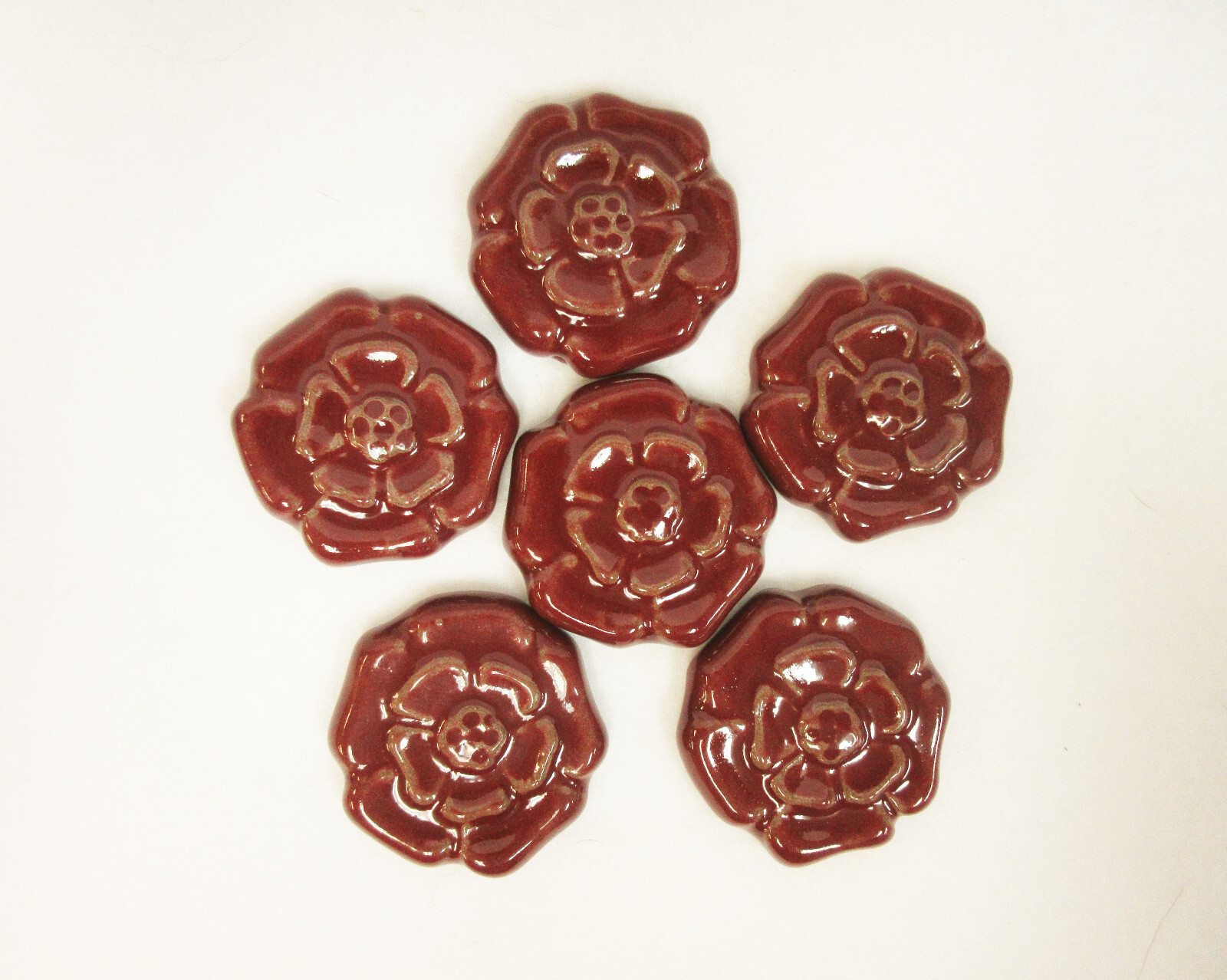 ROSETTE TILES Handmade Ceramic Stoneware Art Craft Tiles Burgundy Maroon Set / 6