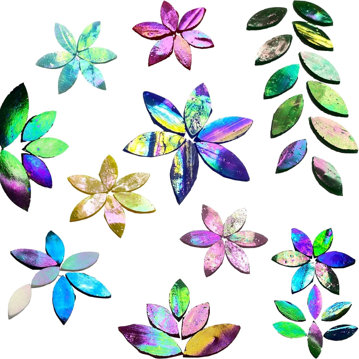 120 Pcs Magic Iridescent Mosaic Tiles, Hand Cut Stained Glass Petals, Floral Mos
