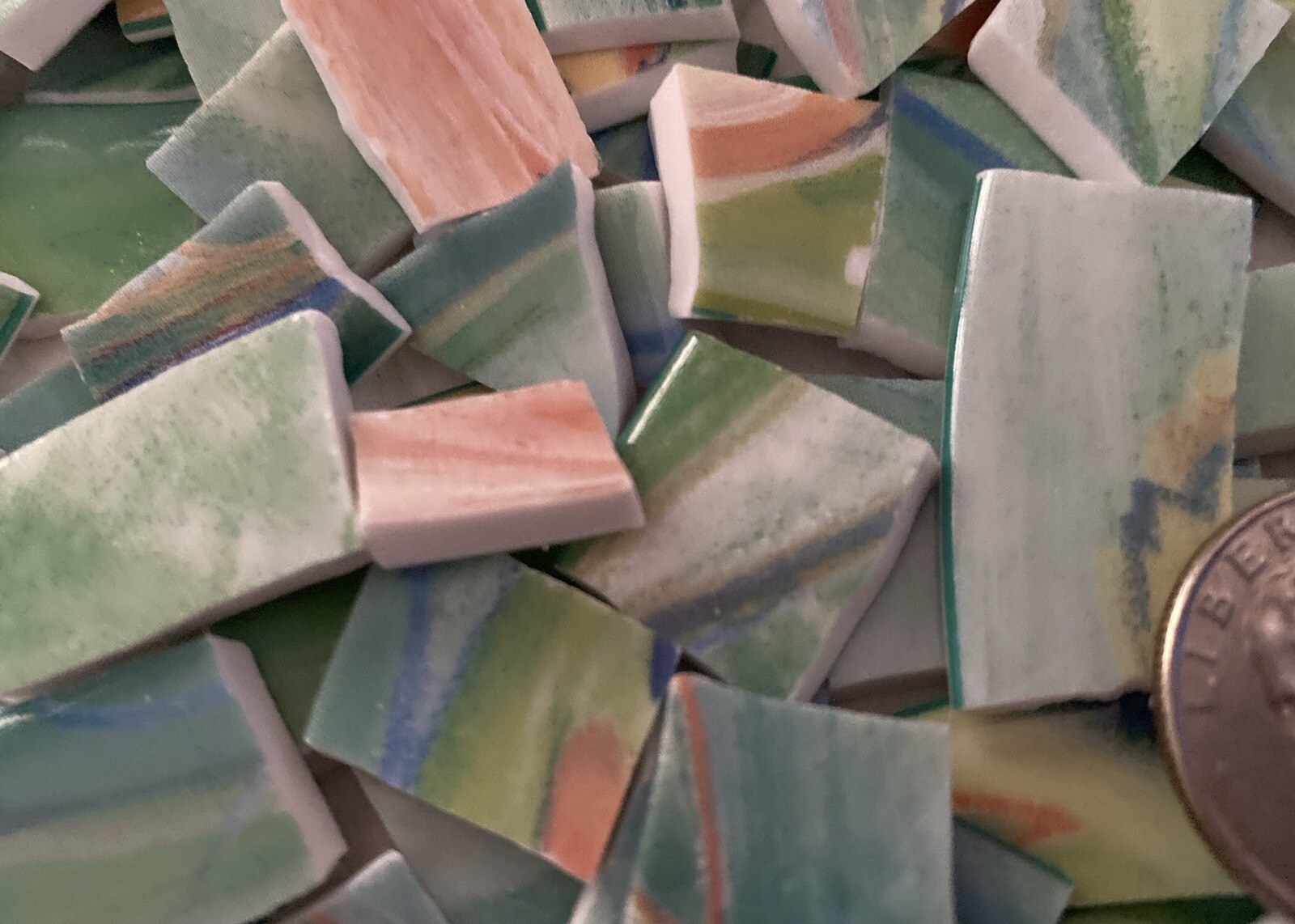 Sea Foam Green Porcelain Hand-cut Tiles, 200+ 1/4”x 1/4” To 1” X 3/4”