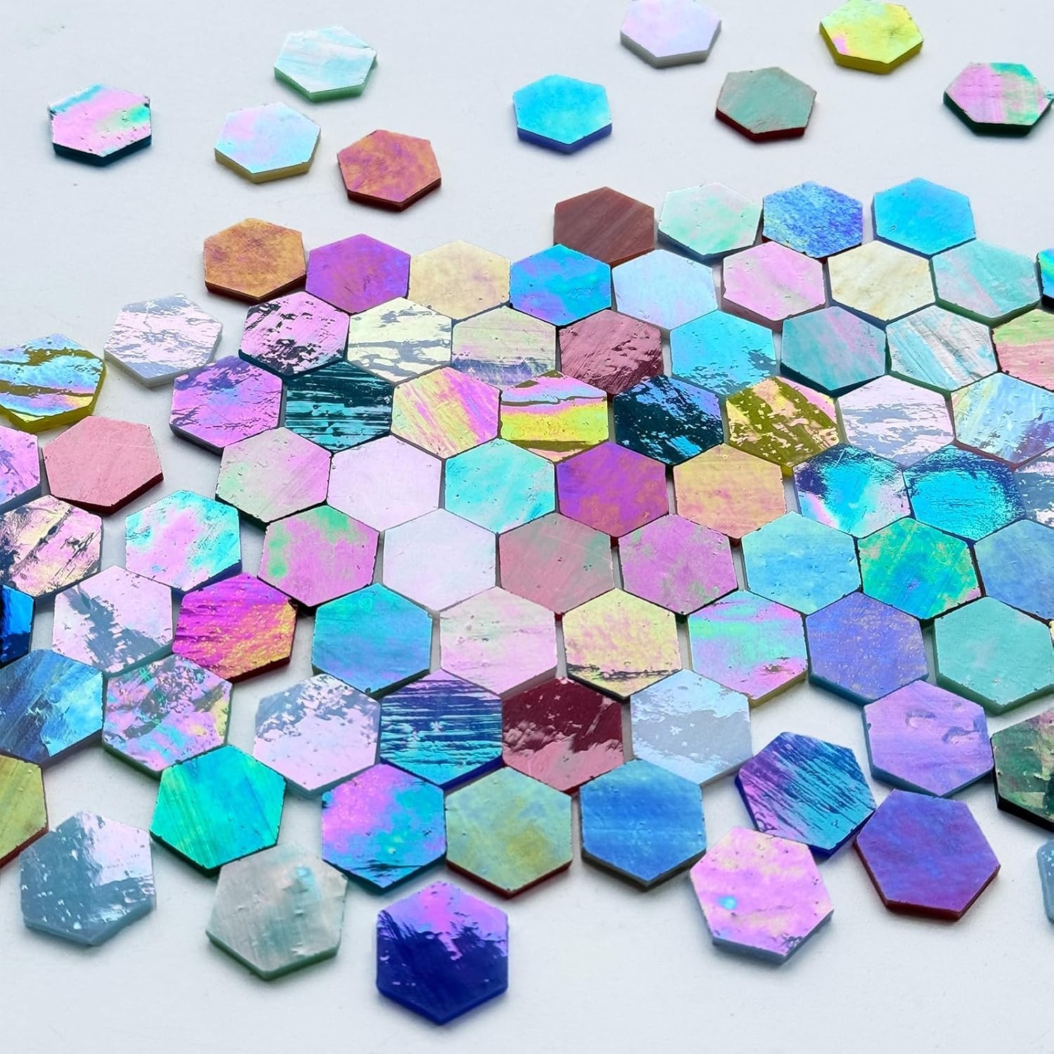 100 Pieces Hexagon Mosaic Tiles for Crafts Bulk, Iridescent Stained Glass Pieces