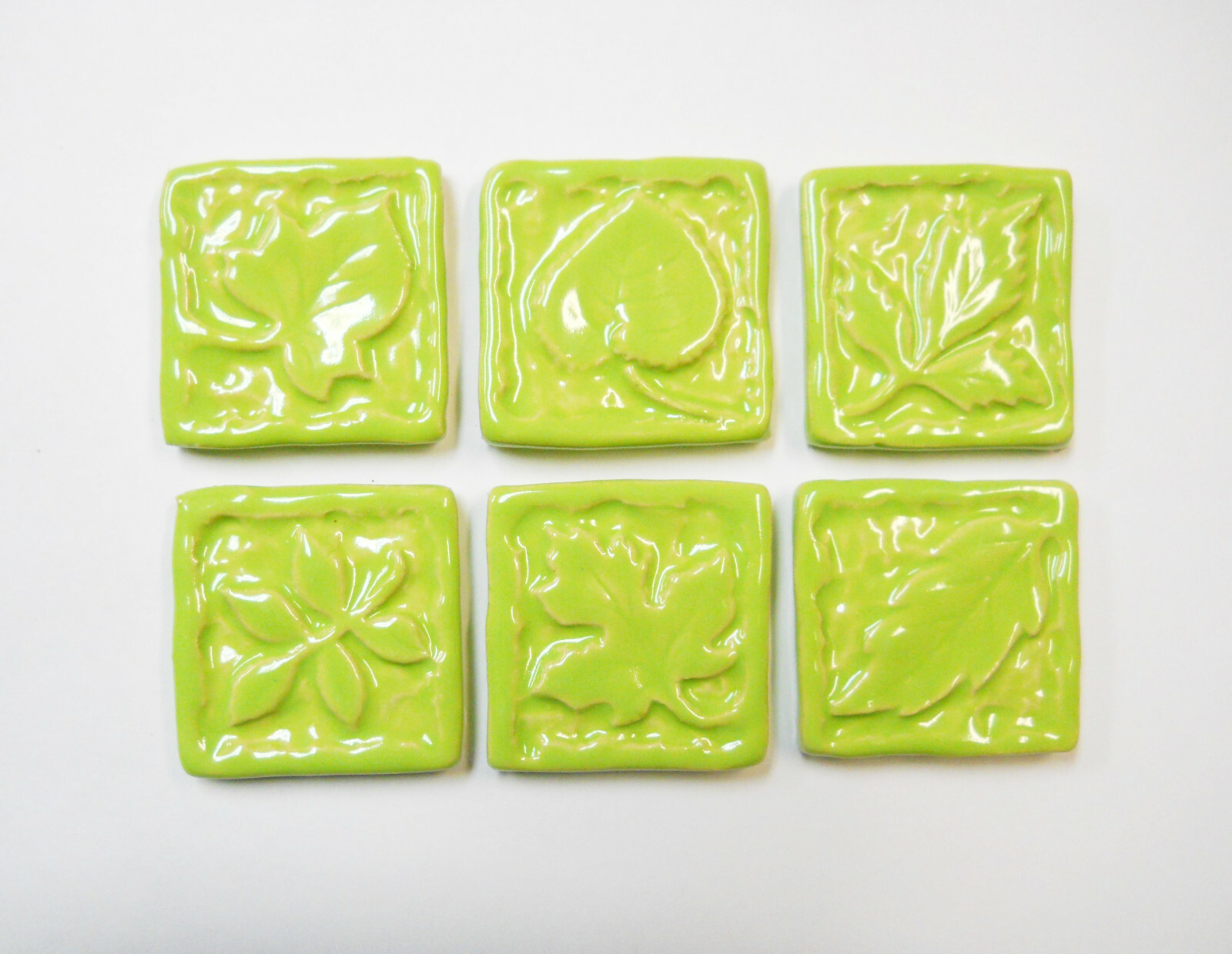Leaf Mosaic Tiles, Handmade Ceramic Leaf Craft Tiles, Lime Green, Set of 6