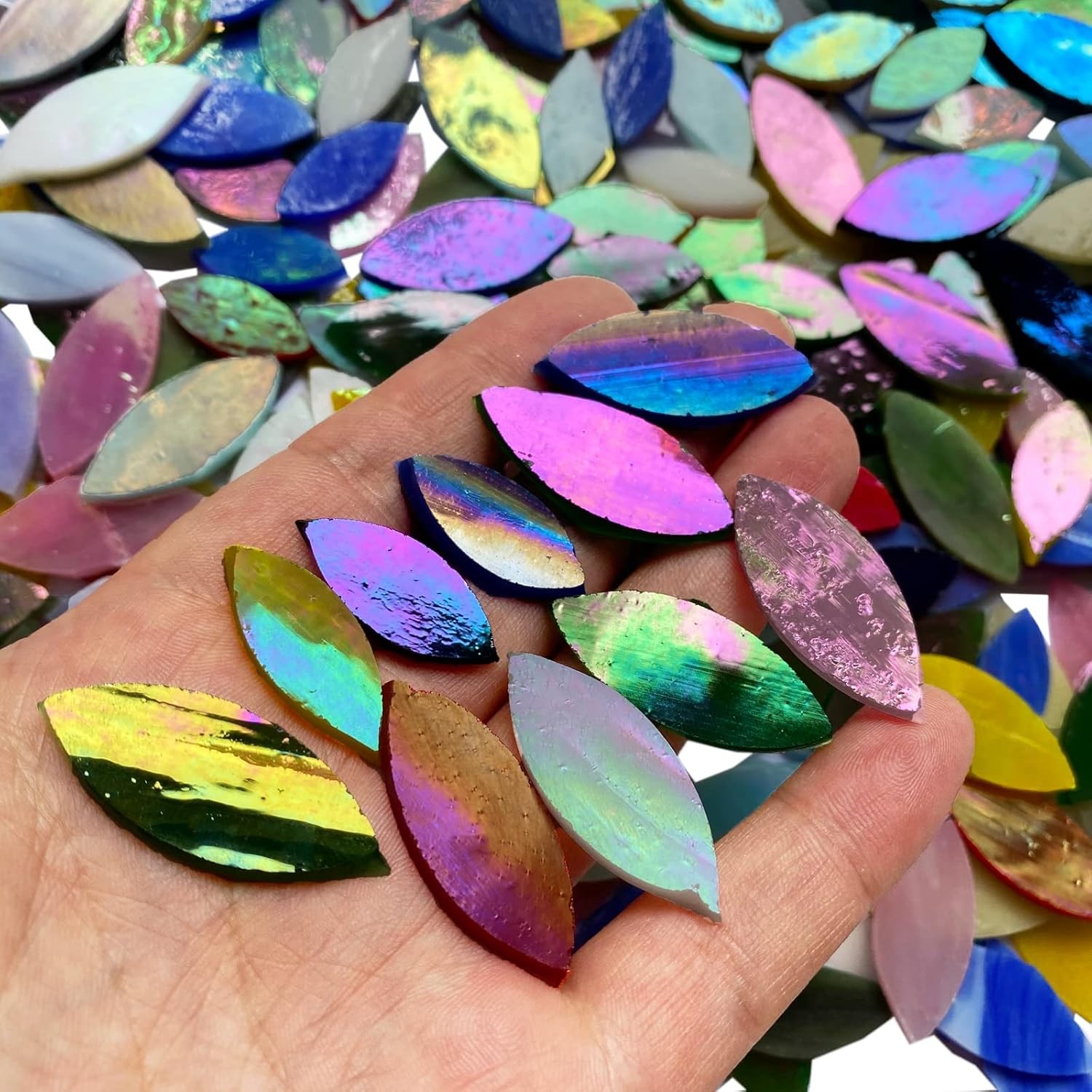 120 Pcs Magic Iridescent Mosaic Tiles, Hand Cut Stained Glass Petals, Floral Mos