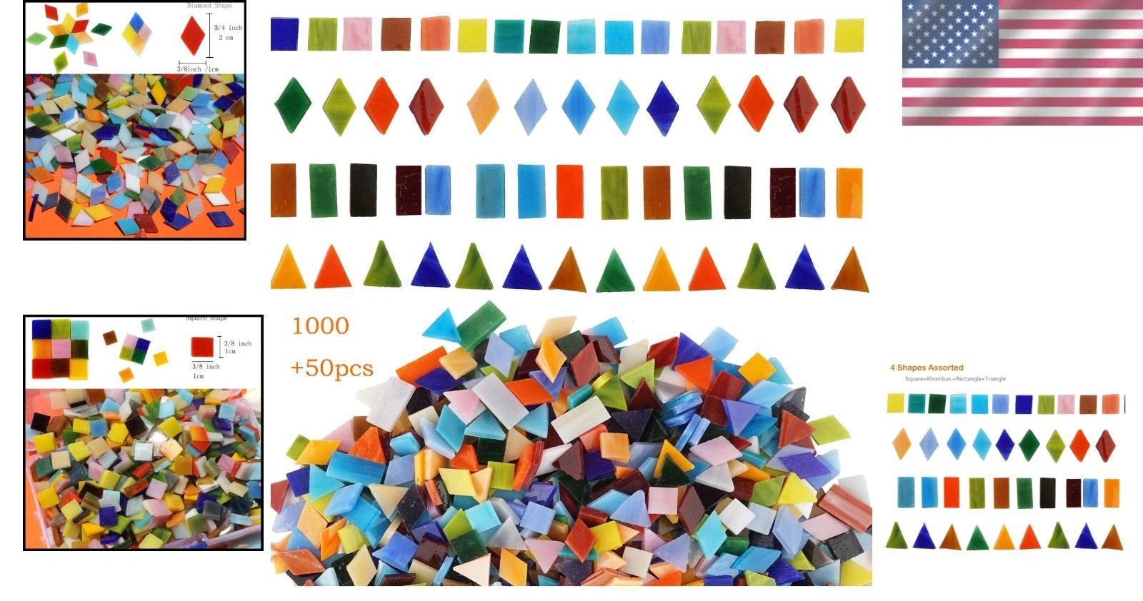 1050 Pieces Mixed Shapes Glass Mosaic Tiles for Crafts, Colorful Stained Glass P