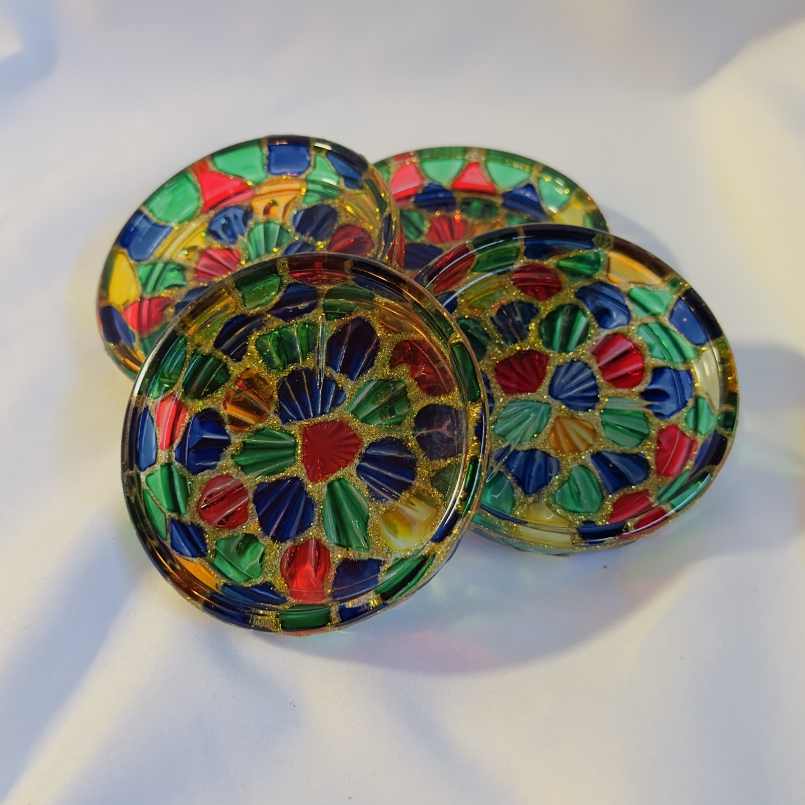 4 Mosaic Stained Glass Coasters Trinket Bowls, Salt Well, Ash Tray Multicolored