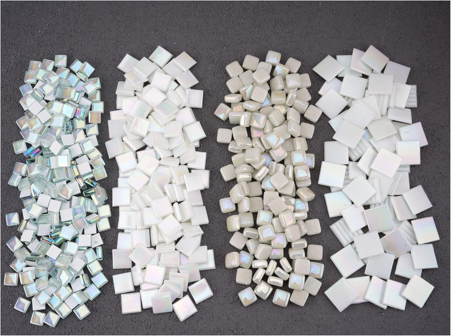 1.6Lb White Glass Mosaic Tiles, Mixed 4 Sizes Iridescent Square Mosaic Pieces fo