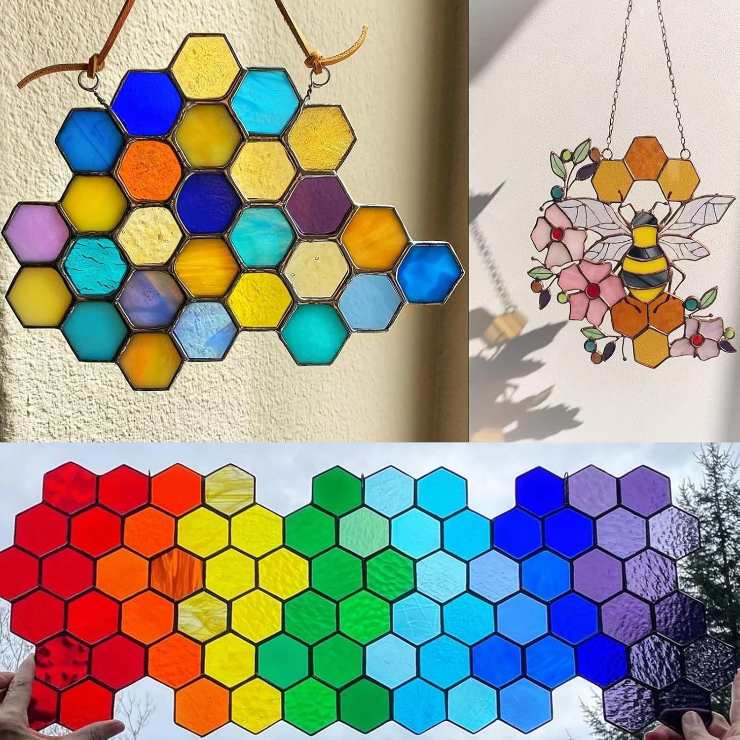 100 Pieces Hexagon Mosaic Tiles for Crafts Bulk, Iridescent Stained Glass Pieces