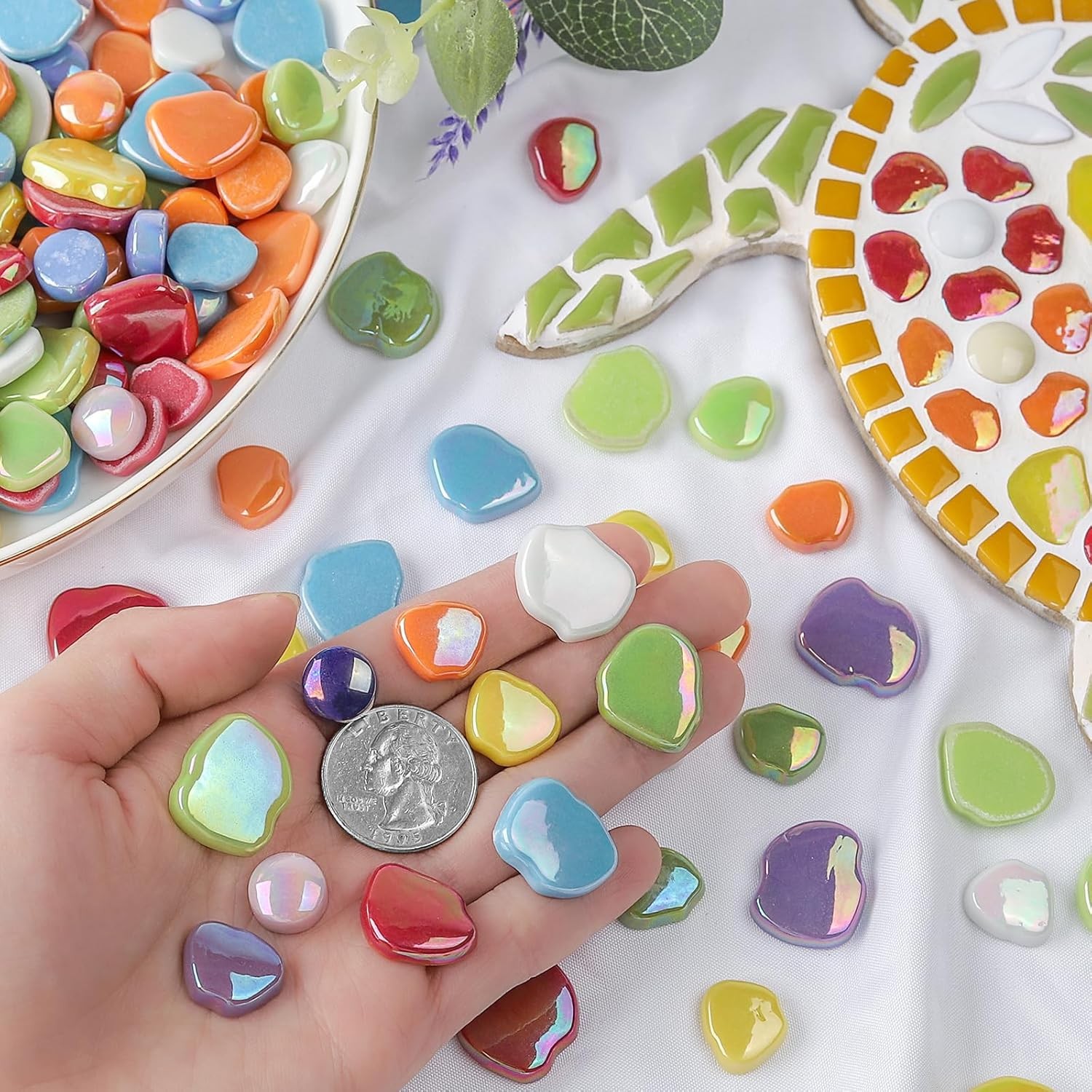 Handmade floral mosaic tiles, bulk pack, 1 lb of iridescent mosaic tile material