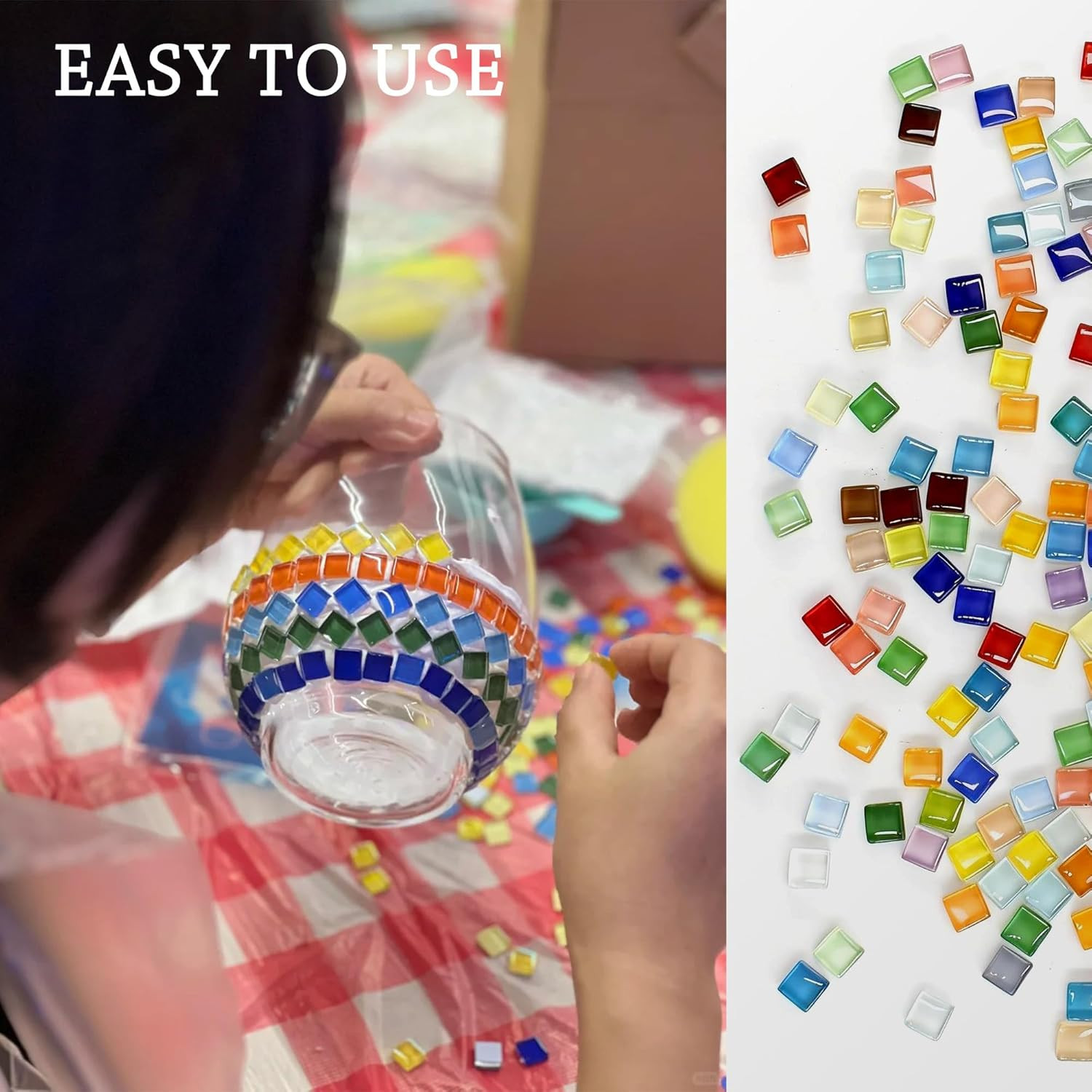 500Pcs Glass Mosaic Tiles, 10Mm Colorful Square Mosaic Glass Pieces