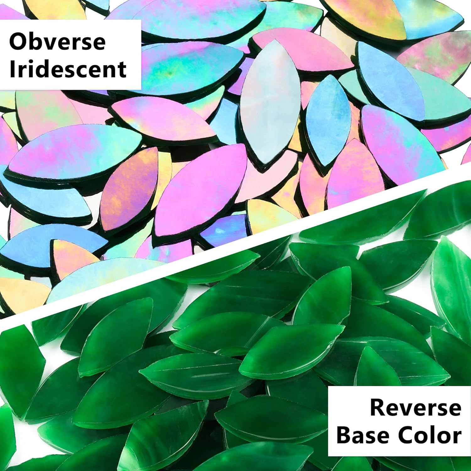100 Pieces Iridescent Glass Petal Mosaic Tiles, Hand-Cut Green Stained Glass Flo