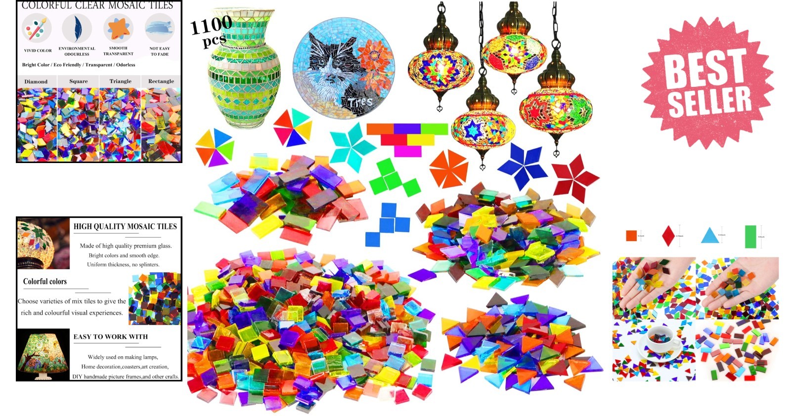 1100 Pcs Mixed Color Glass Mosaic Tiles – Perfect for DIY Art & Crafts Projects