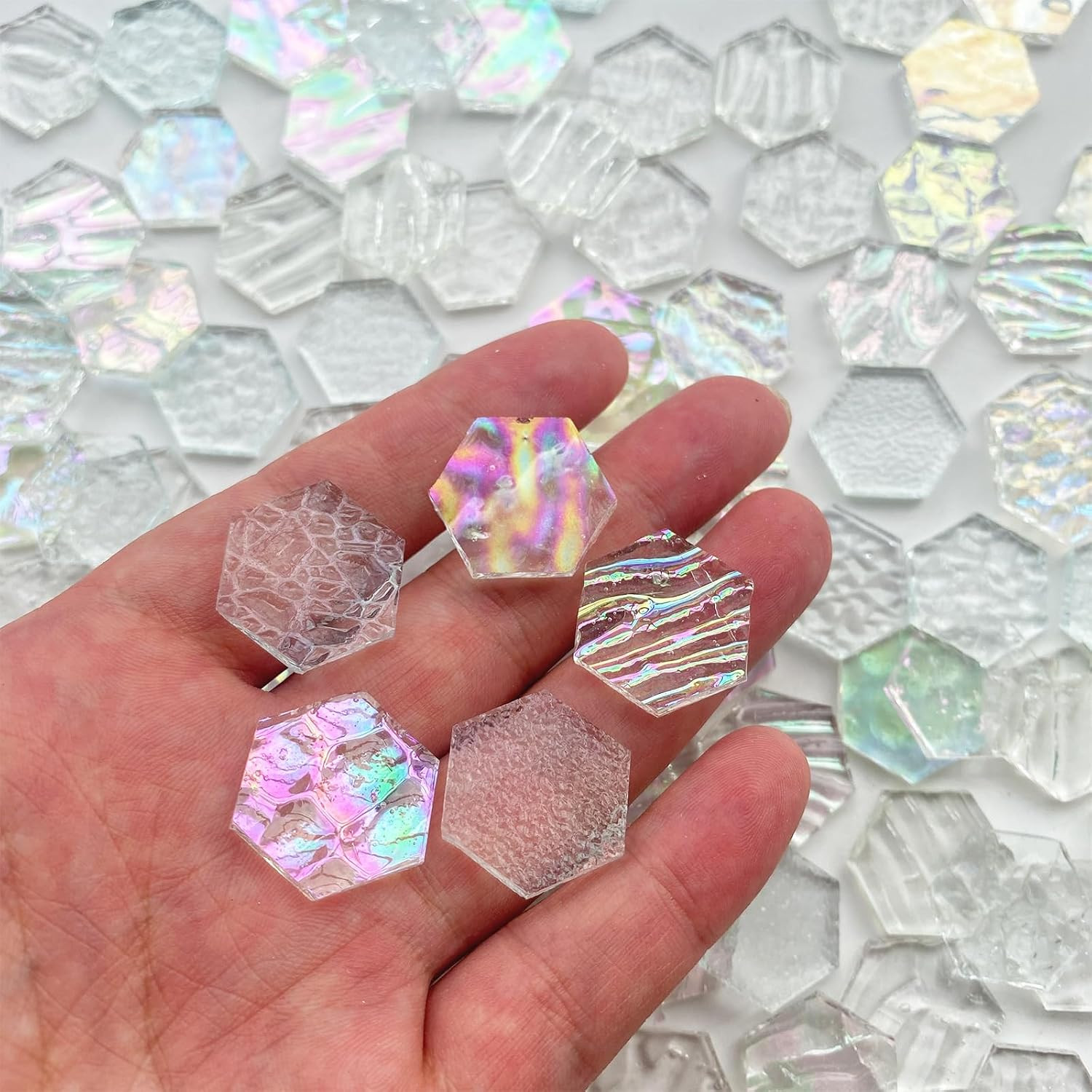 100 Pieces Hexagon Glass Mosaic Tiles for Crafts, Clear Iridescent Stained