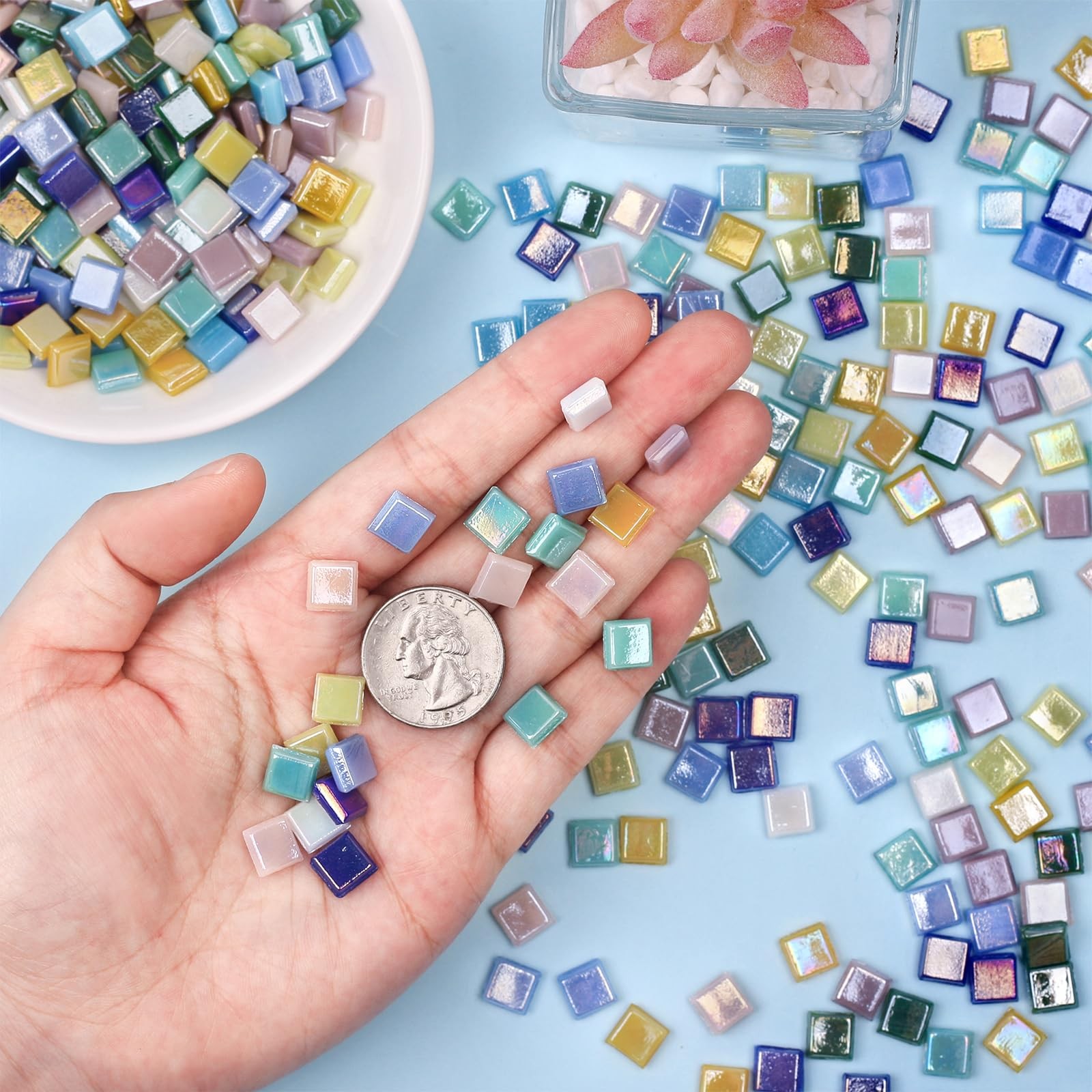 Artspac 430 Pieces Iridescent Glass Mosaic Tiles, 220g Blue 220g, Pastel mix