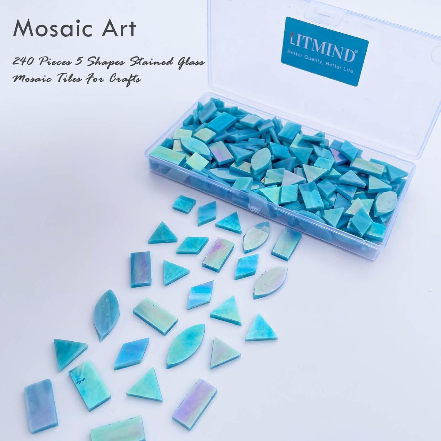 LITMIND Iridescent Skyblue Stained Glass Mosaic Tiles for Crafts – 240 Pieces