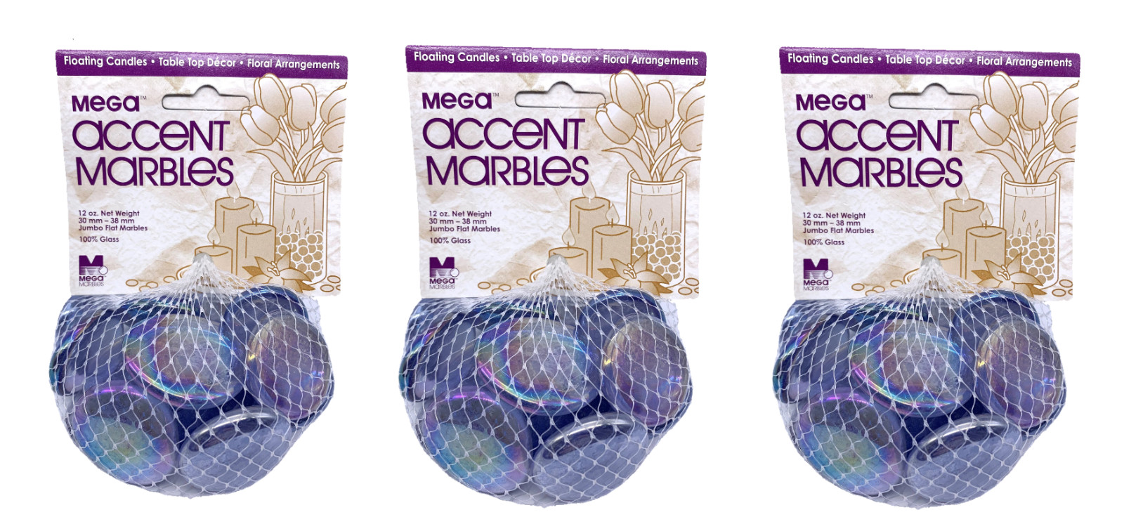 1/2″ Diamond Crystal Lilac 3 pack Iridescent Flat Glass Gems Mega Marbles Vacor