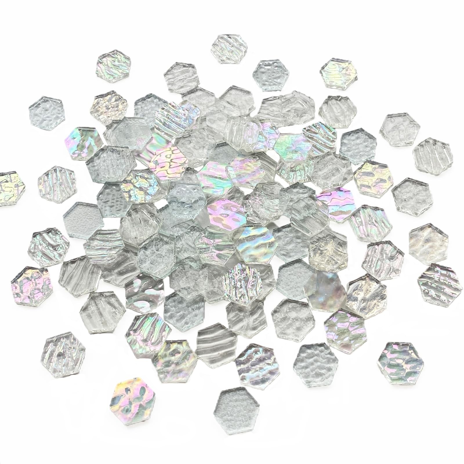 100 Pieces Hexagon Glass Mosaic Tiles for Crafts, Clear Iridescent Stained Glass