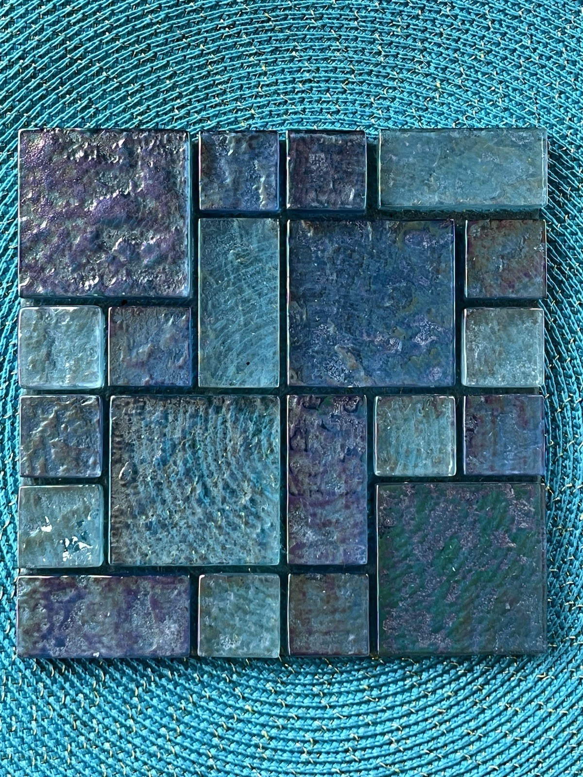Blue Teal Glass Mosaic Tile Sheet Assorted Squares for Crafts