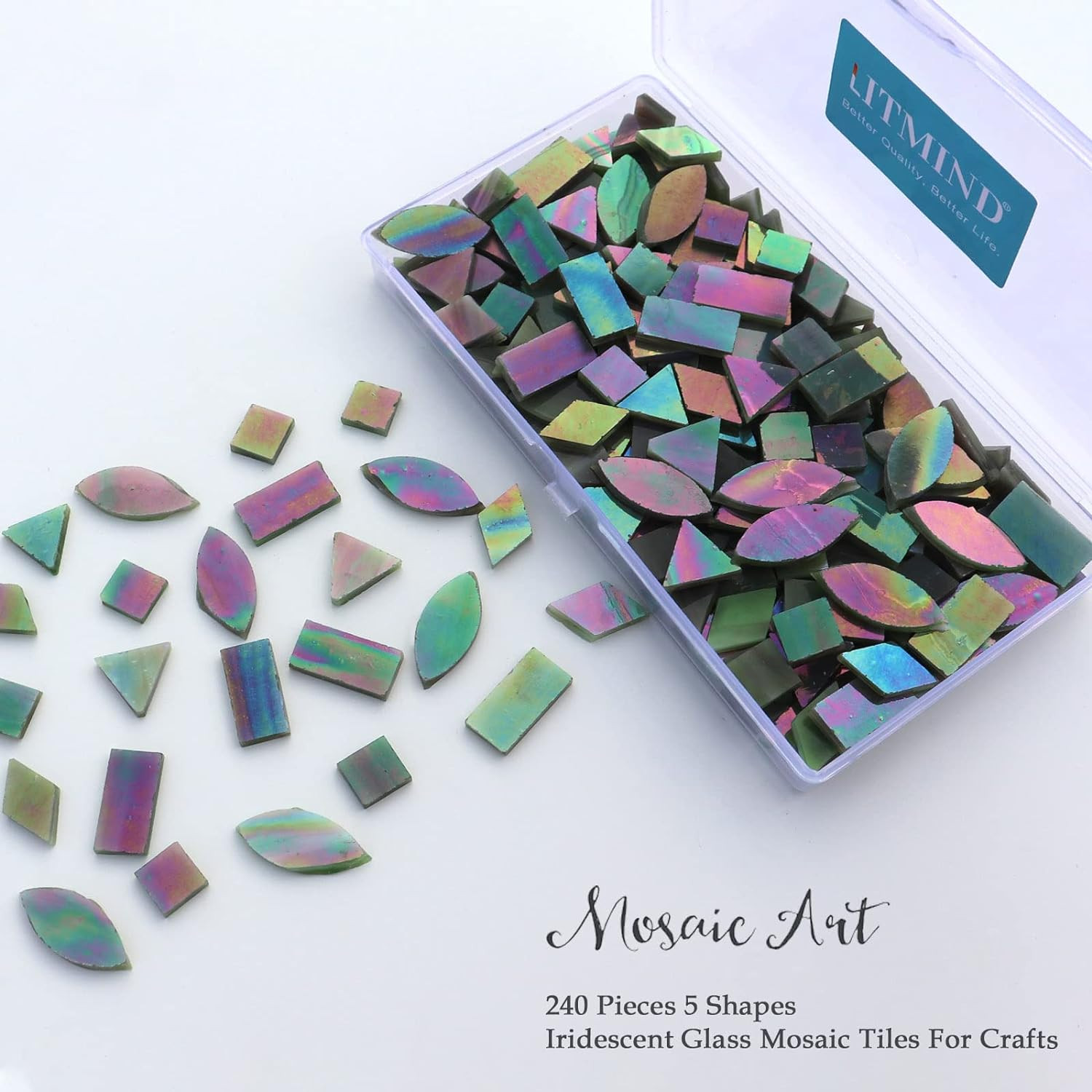 Iridescent Glass Mosaic Tiles for Crafts, 240 Pieces 5 Shapes