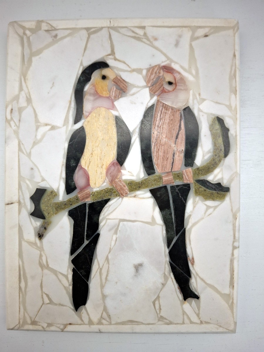 Marble Mosaic 2 Parrots Gossiping 5-11/16″ x 1/2″ x 7-11/16″