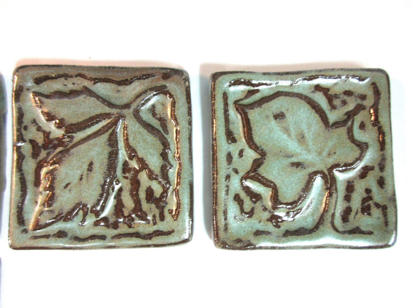 LEAF MOSAIC TILES Handmade Ceramic Art Tiles, Rustic Turquoise Green Set of 6