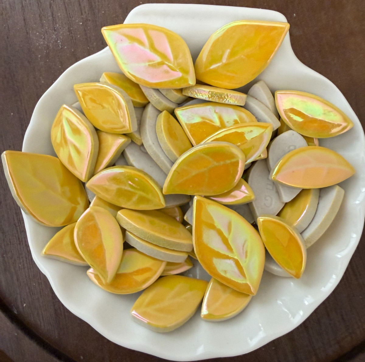 Iridescent Yellow Ceramic Leaves – Ficus – Ceramic Mosaic Tile Pieces – 7oz