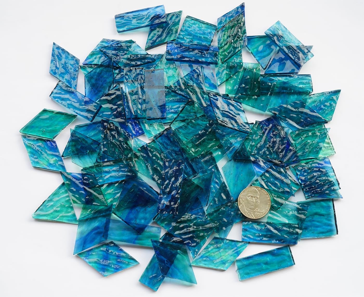 CHICSHIS 200g Transparent Mosaic Glass Tiles, Large 30x30mm, Pond Water Blue