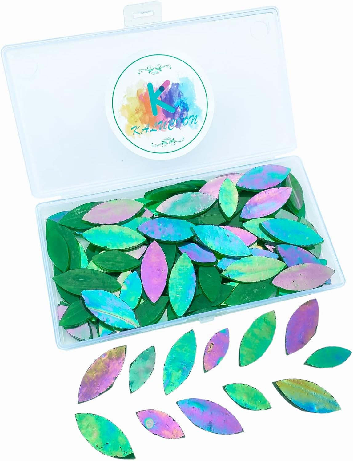 120 Pcs Iridescent Green Floral Mosaic Tiles, Hand Cut Stained Glass Petals, Mix