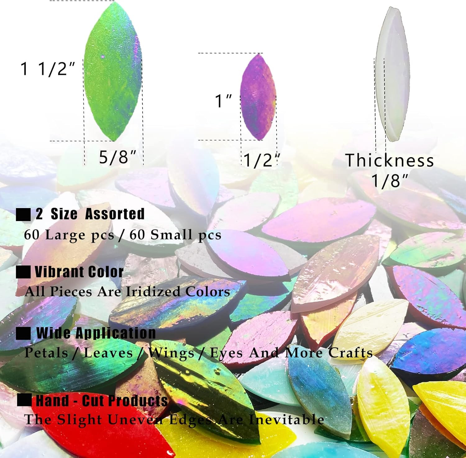 120 Pcs Iridescent Green Floral Mosaic Tiles, Hand Cut Stained Glass Petals, Mix