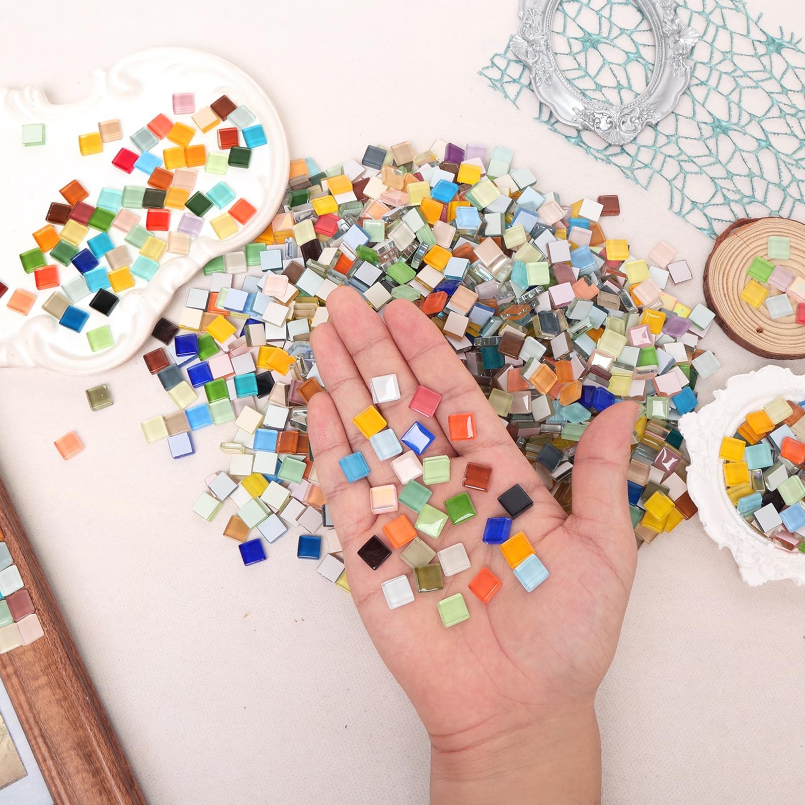 Dqwtb 2.2 Pounds Mixed Glass Mosaic Tiles 1100pcs Stained Glass Pieces for Sq…