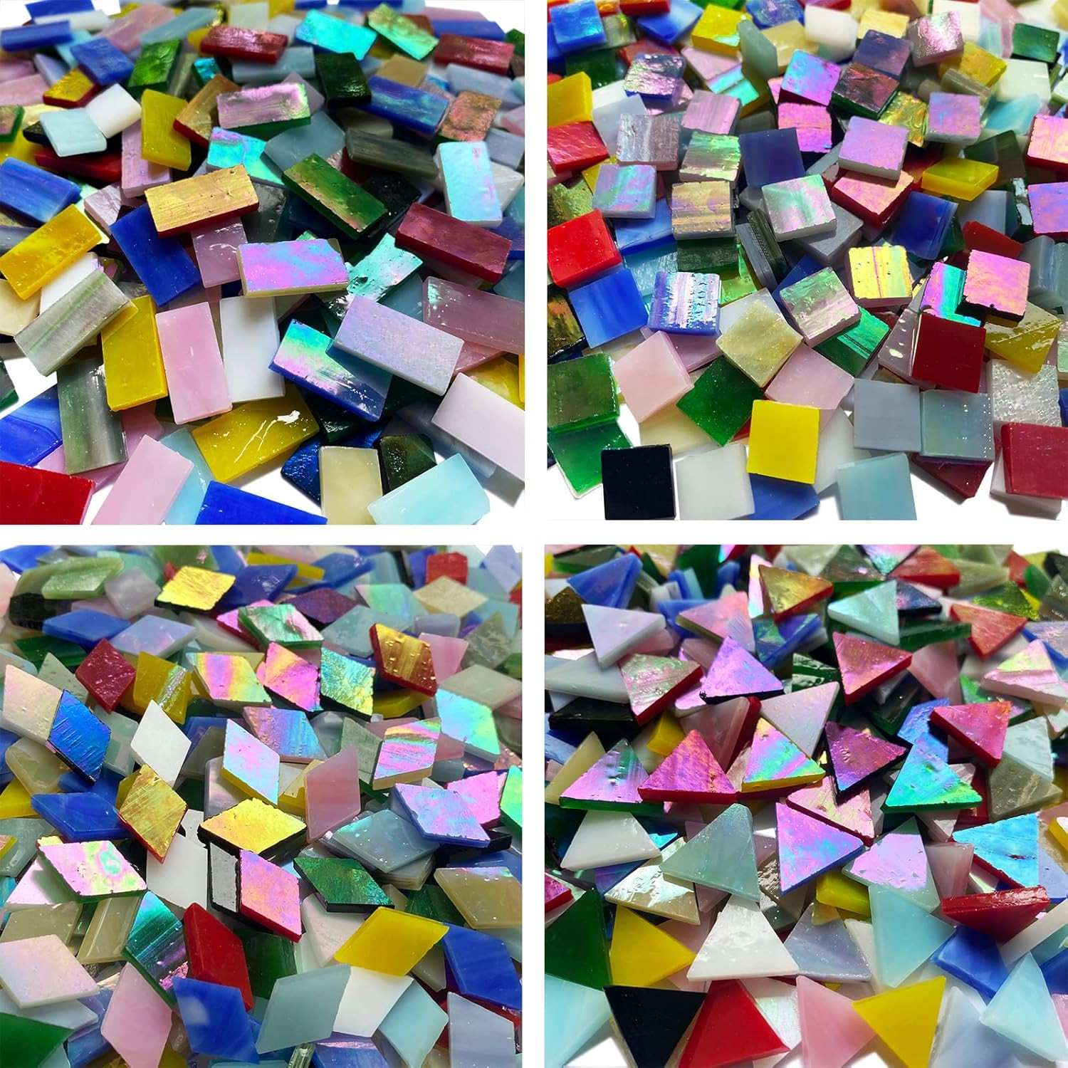 510 Pieces Iridescent Glass Mosaic Tiles for Crafts, Mixed 4 Shapes Colorful Sta