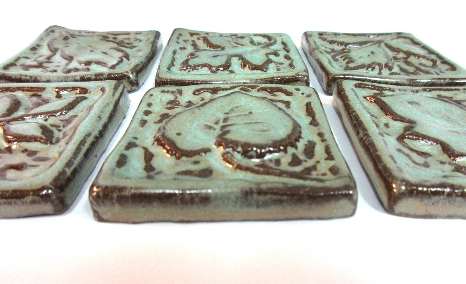 LEAF MOSAIC TILES Handmade Ceramic Art Tiles, Rustic Turquoise Green Set of 6