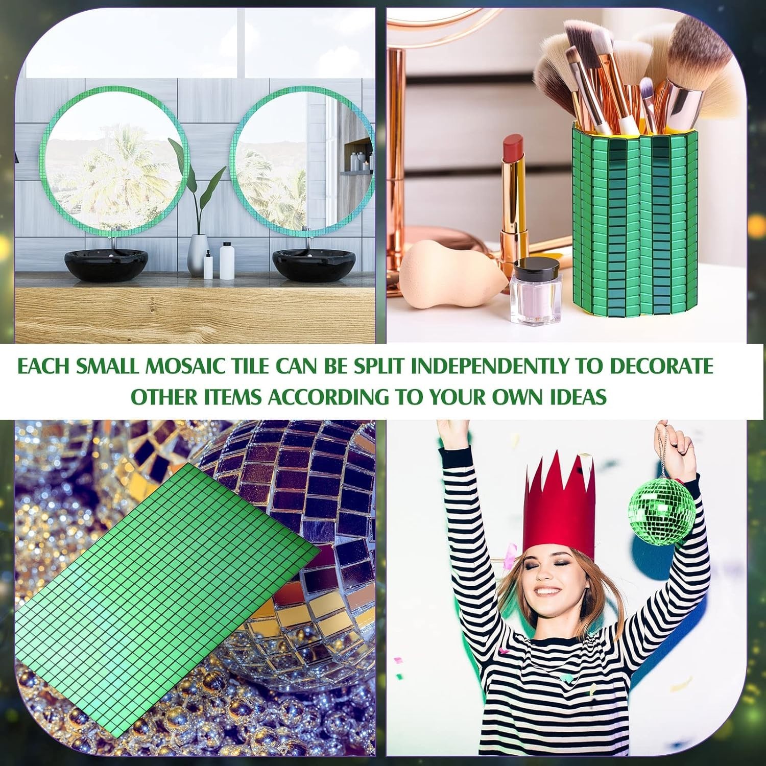 Glass Mosaic Mirror Tiles – 7200 Self-Adhesive Green Squares for Elegant Crafts